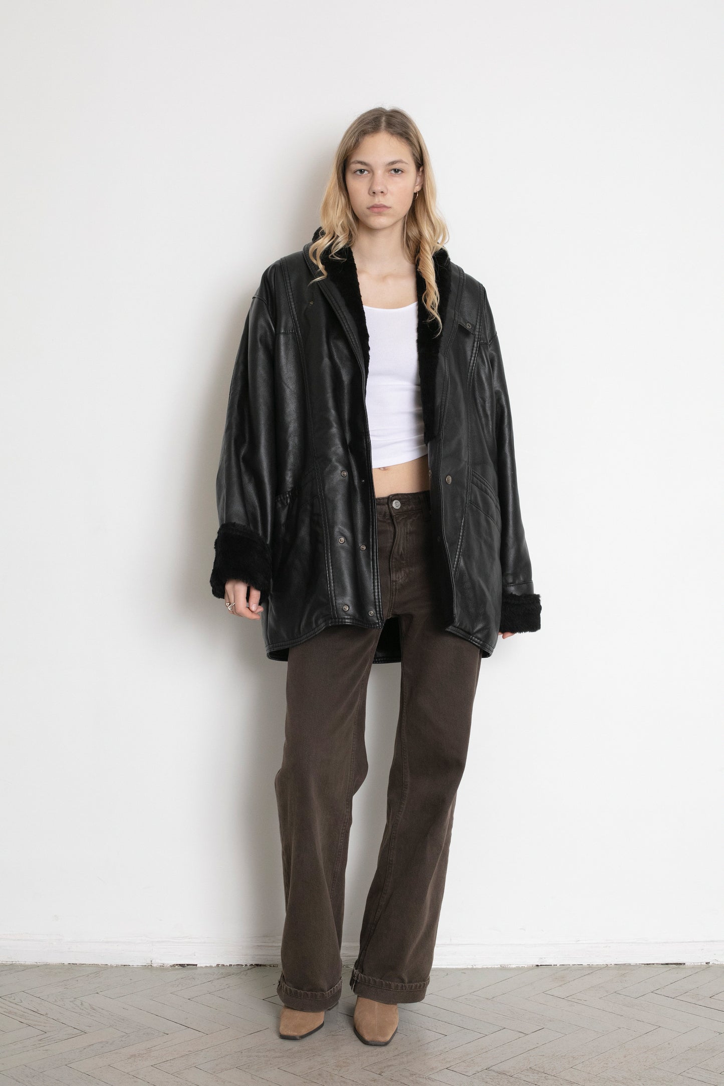 Vintage Faux Leather Shearling Aviator Jacket