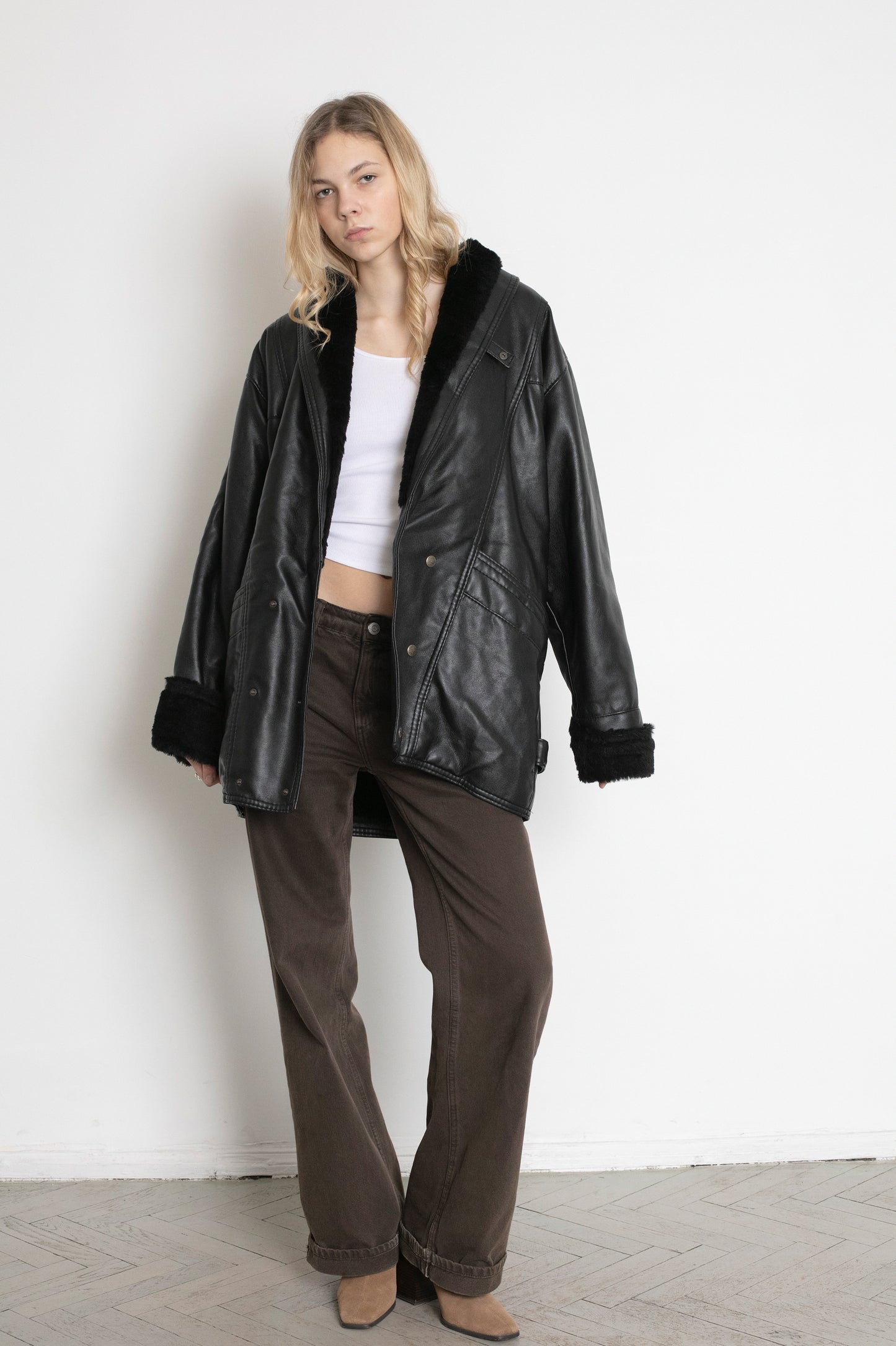 Vintage Faux Leather Shearling Aviator Jacket