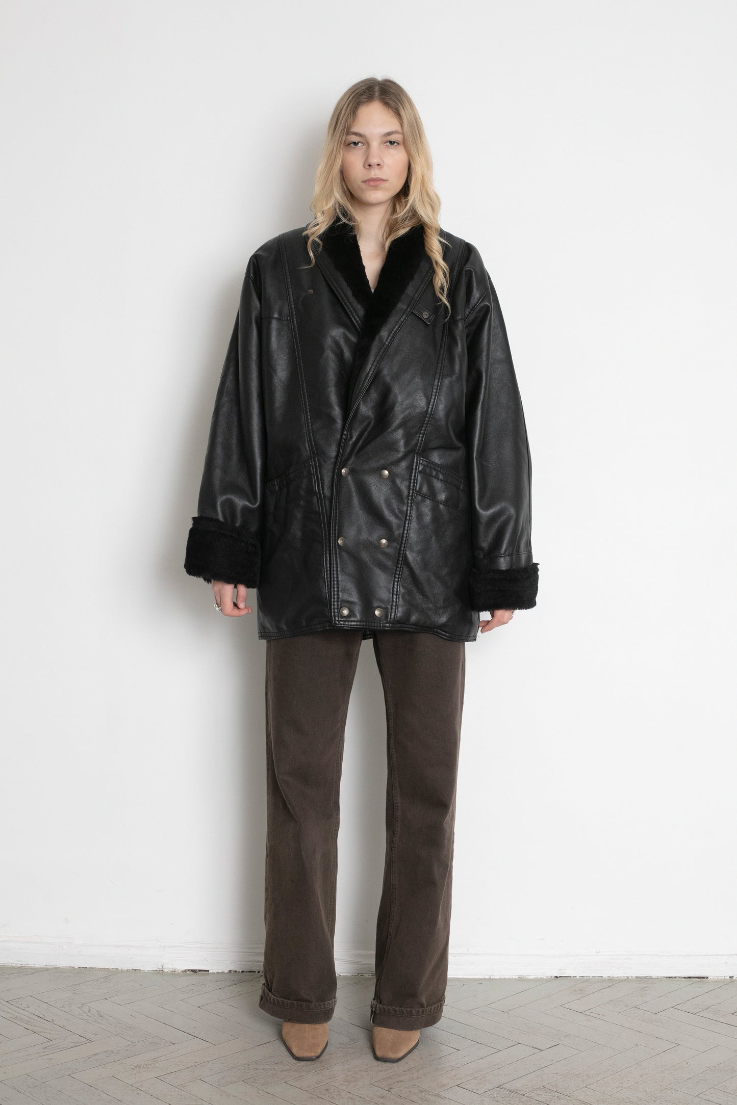 Vintage Faux Leather Shearling Aviator Jacket
