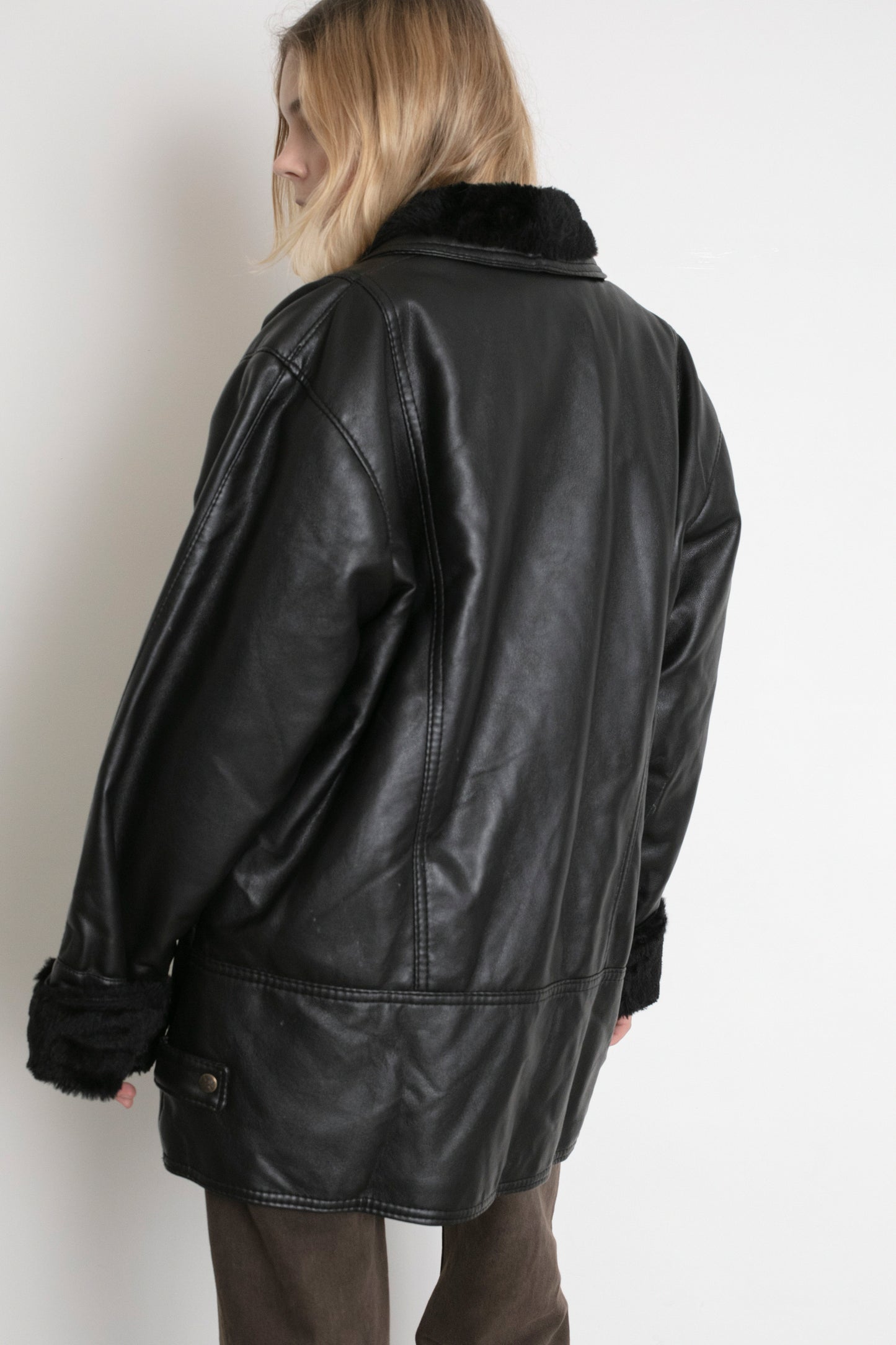 Vintage Faux Leather Shearling Aviator Jacket