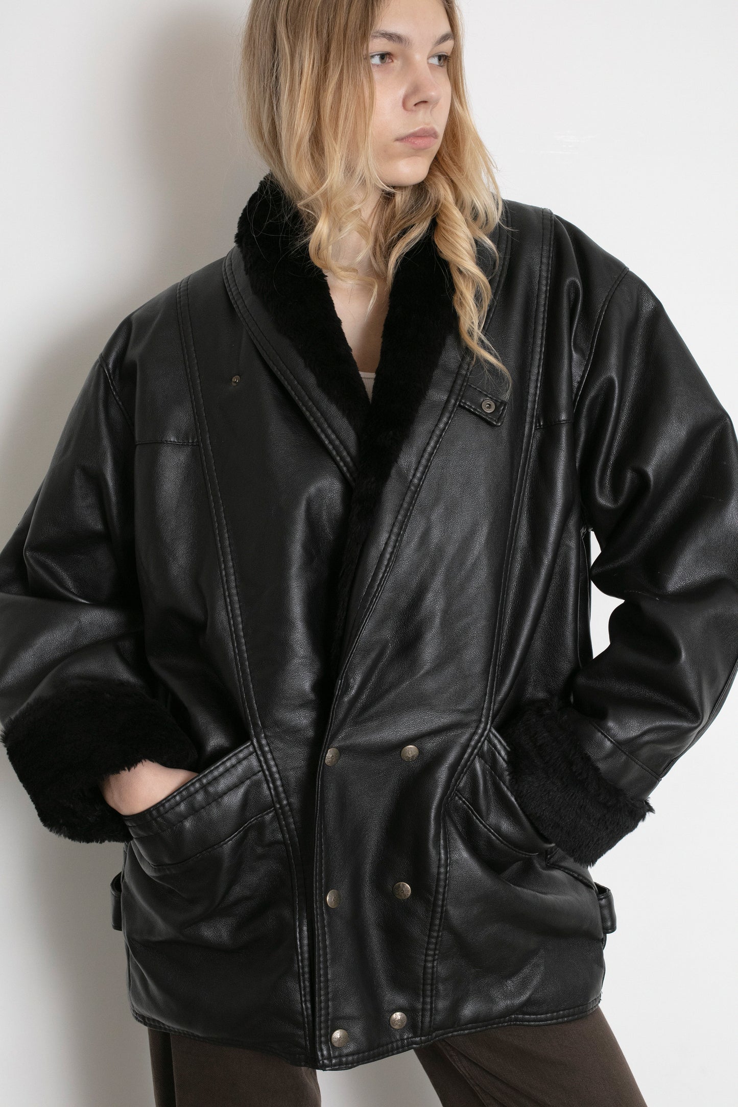 Vintage Faux Leather Shearling Aviator Jacket