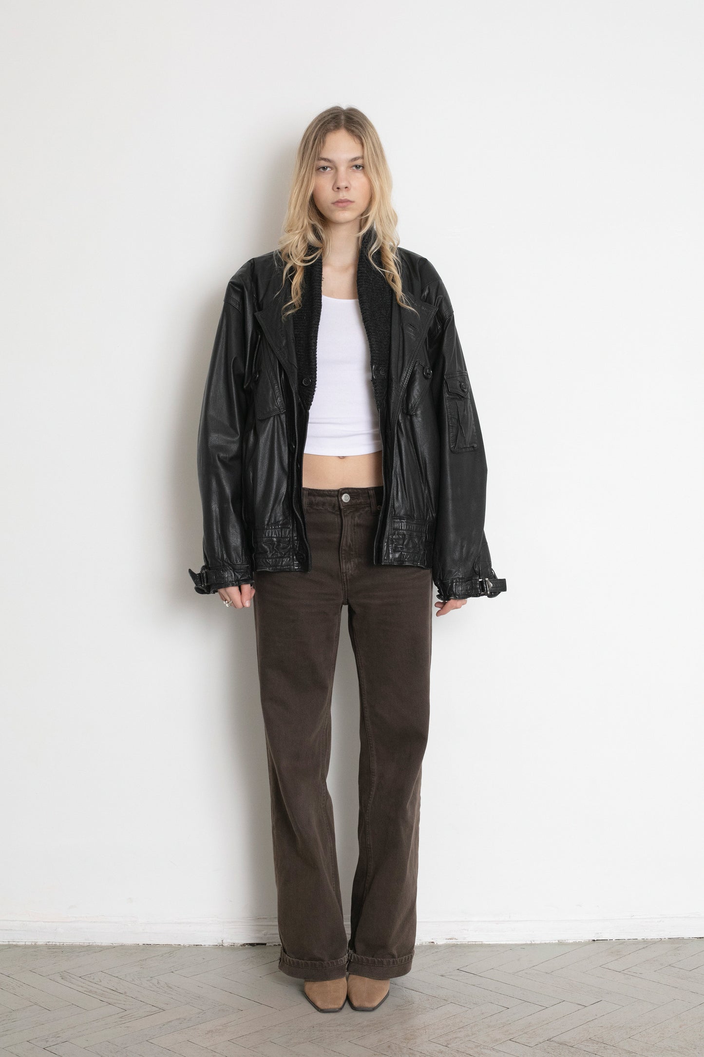 Vintage Black Leather Bomber Jacket