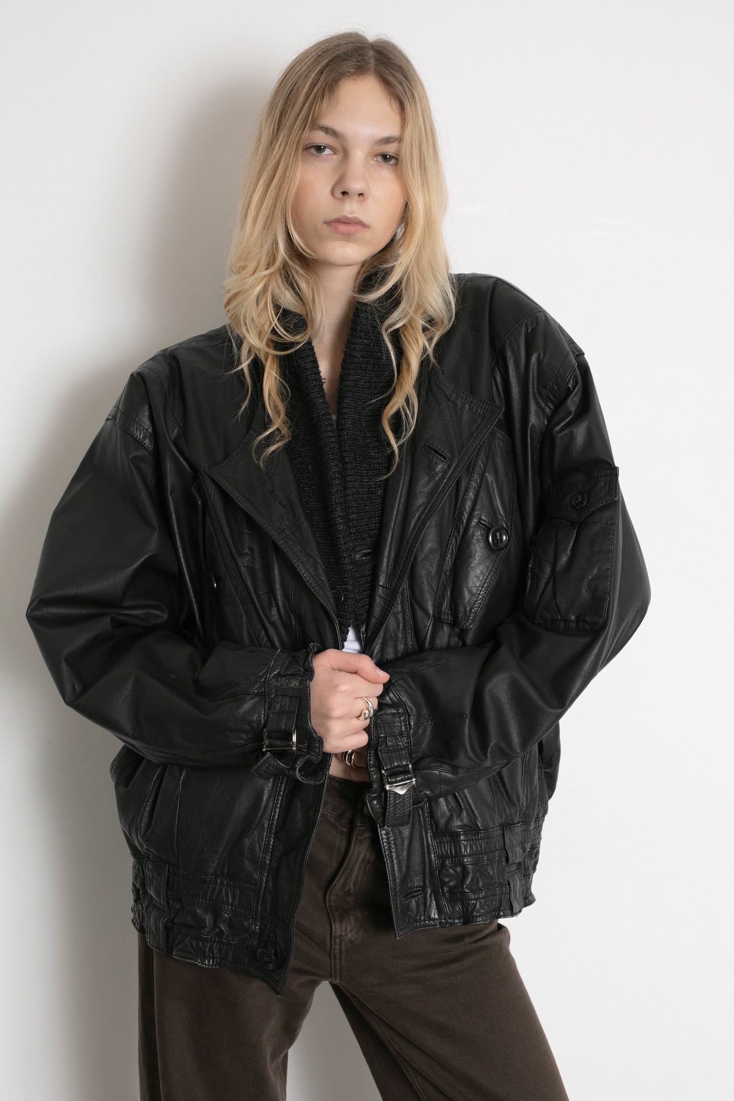 Vintage Black Leather Bomber Jacket