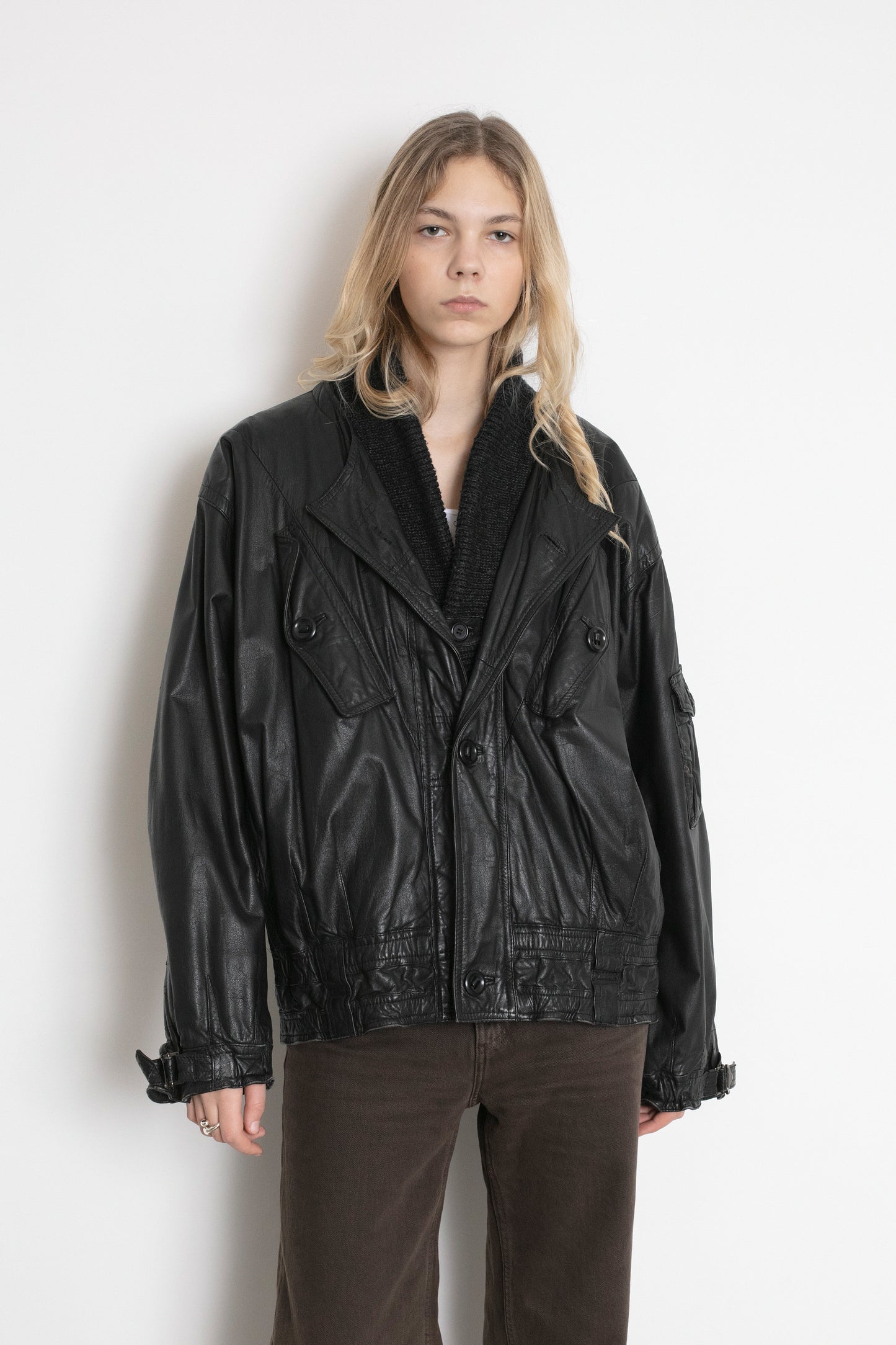 Vintage Black Leather Bomber Jacket