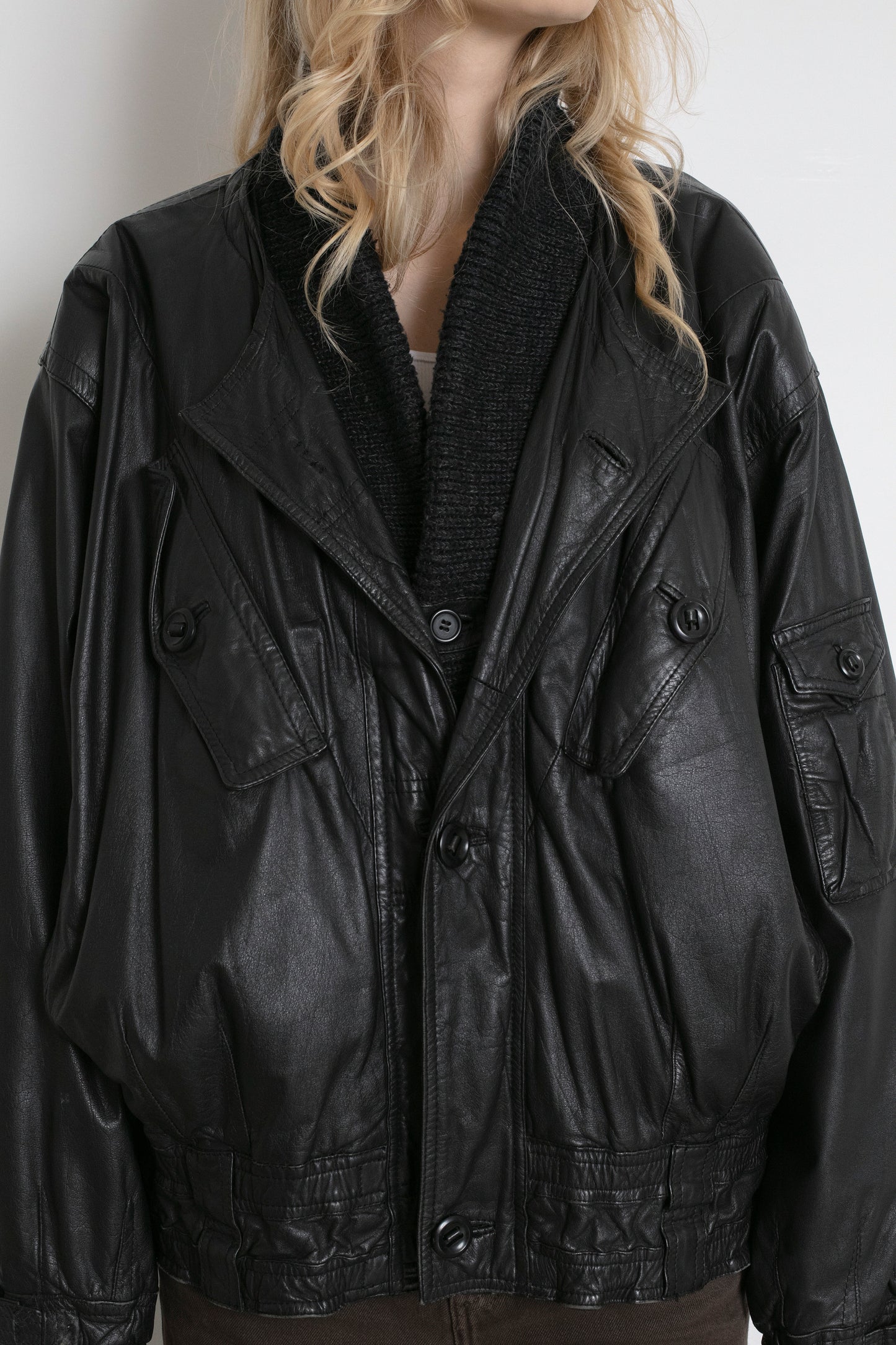Vintage Black Leather Bomber Jacket
