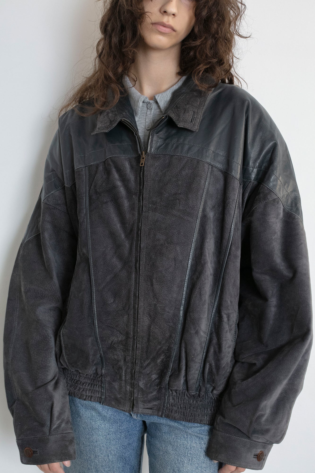 Vintage Grey Suede Leather Bomber Jacket