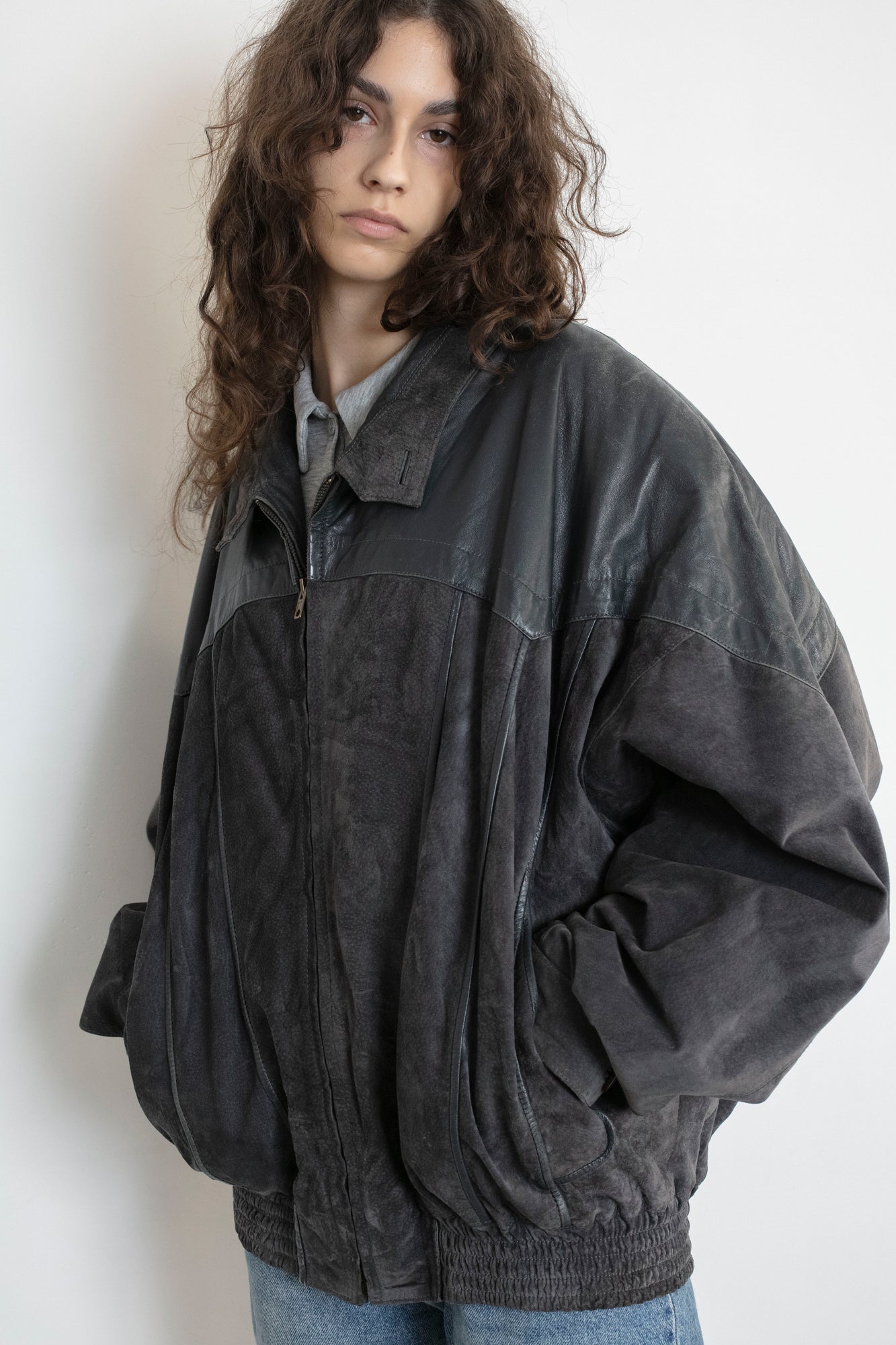 Vintage Grey Suede Leather Bomber Jacket