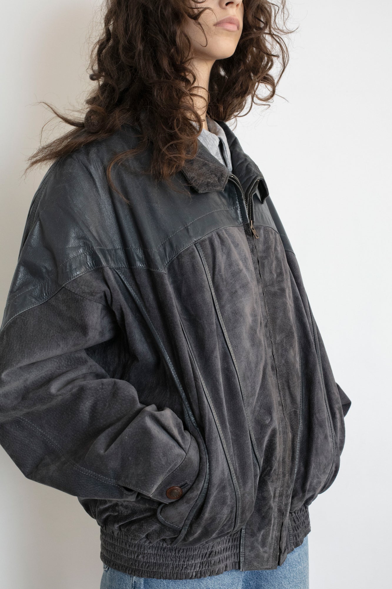 Vintage Grey Suede Leather Bomber Jacket
