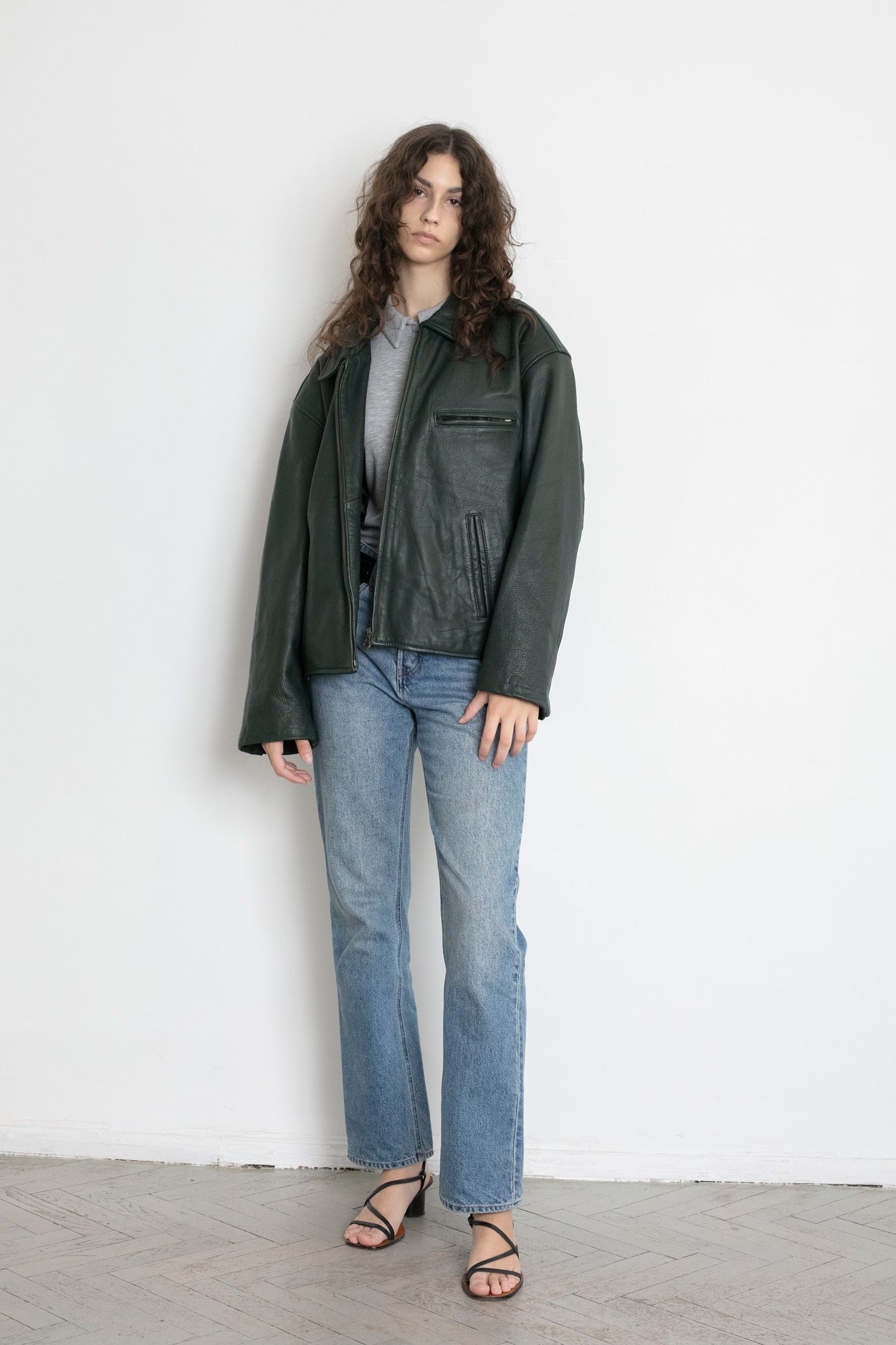 Vintage Bottle Green Leather Boxy Jacket