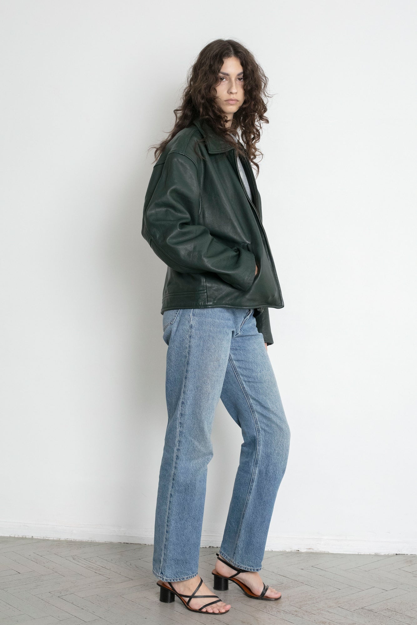 Vintage Bottle Green Leather Boxy Jacket