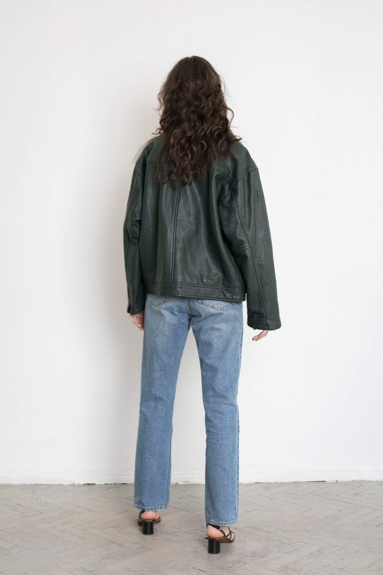 Vintage Bottle Green Leather Boxy Jacket