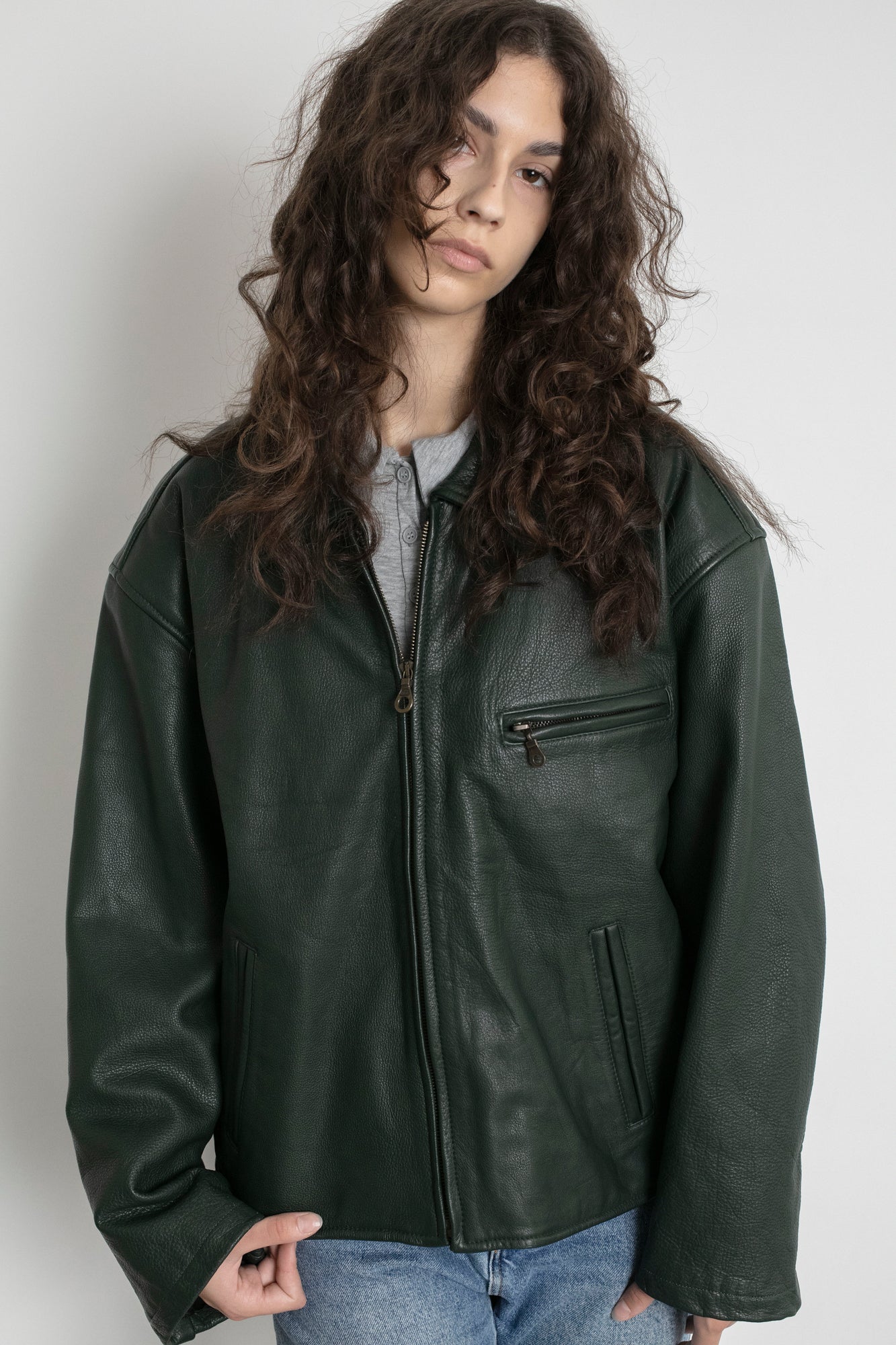 Vintage Bottle Green Leather Boxy Jacket