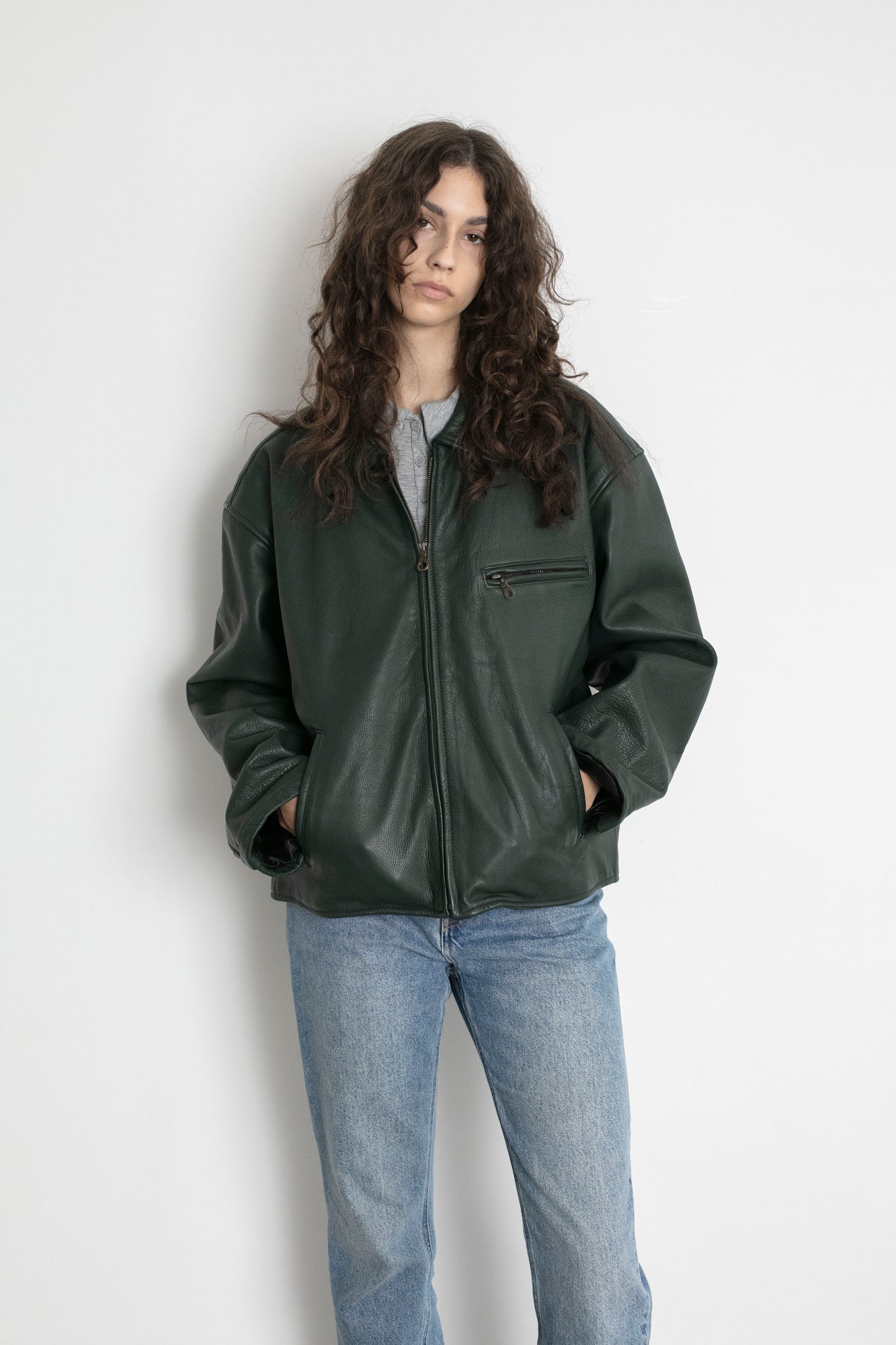Vintage Bottle Green Leather Boxy Jacket