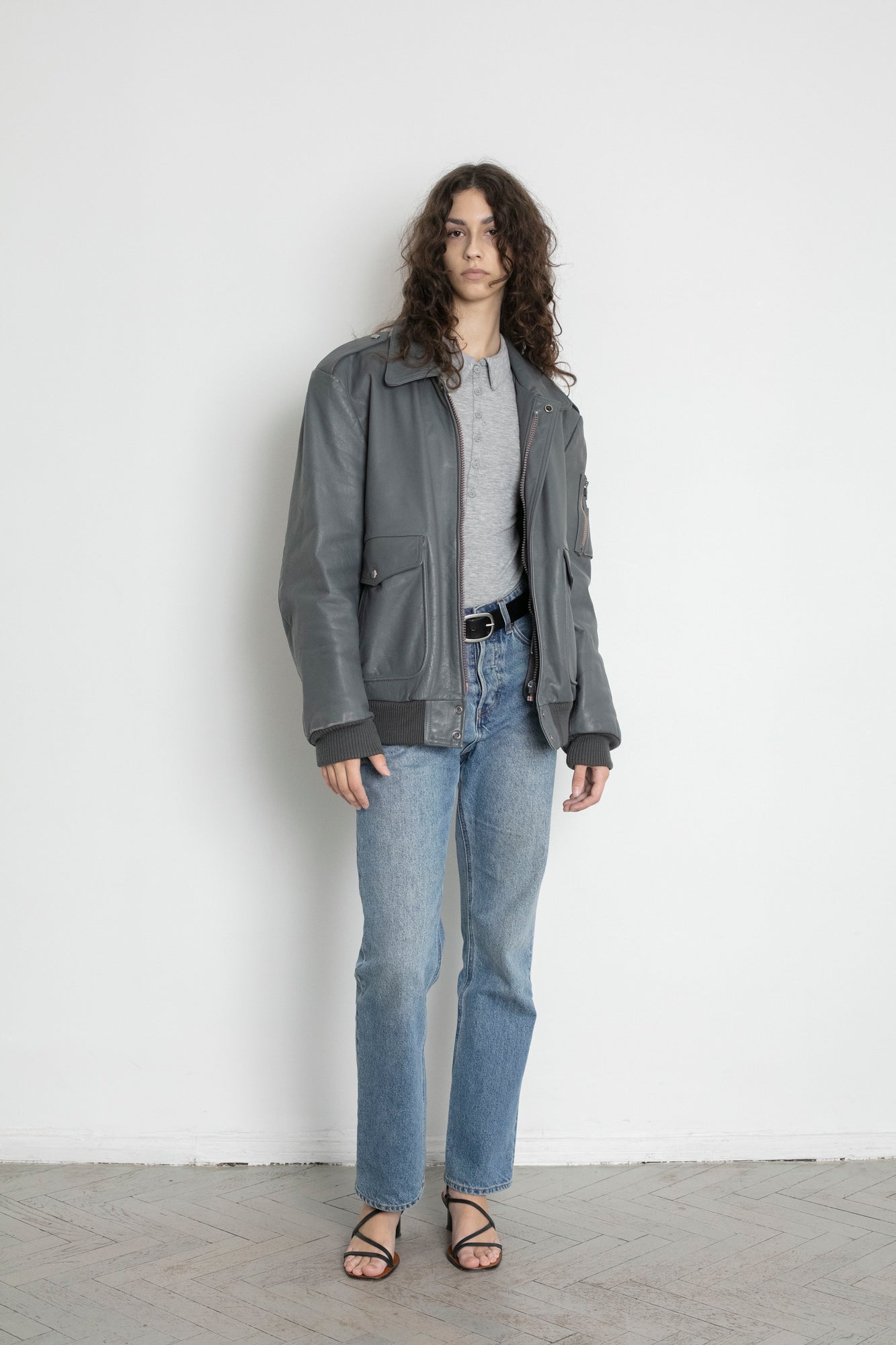 Vintage Grey Leather Bomber Jacket