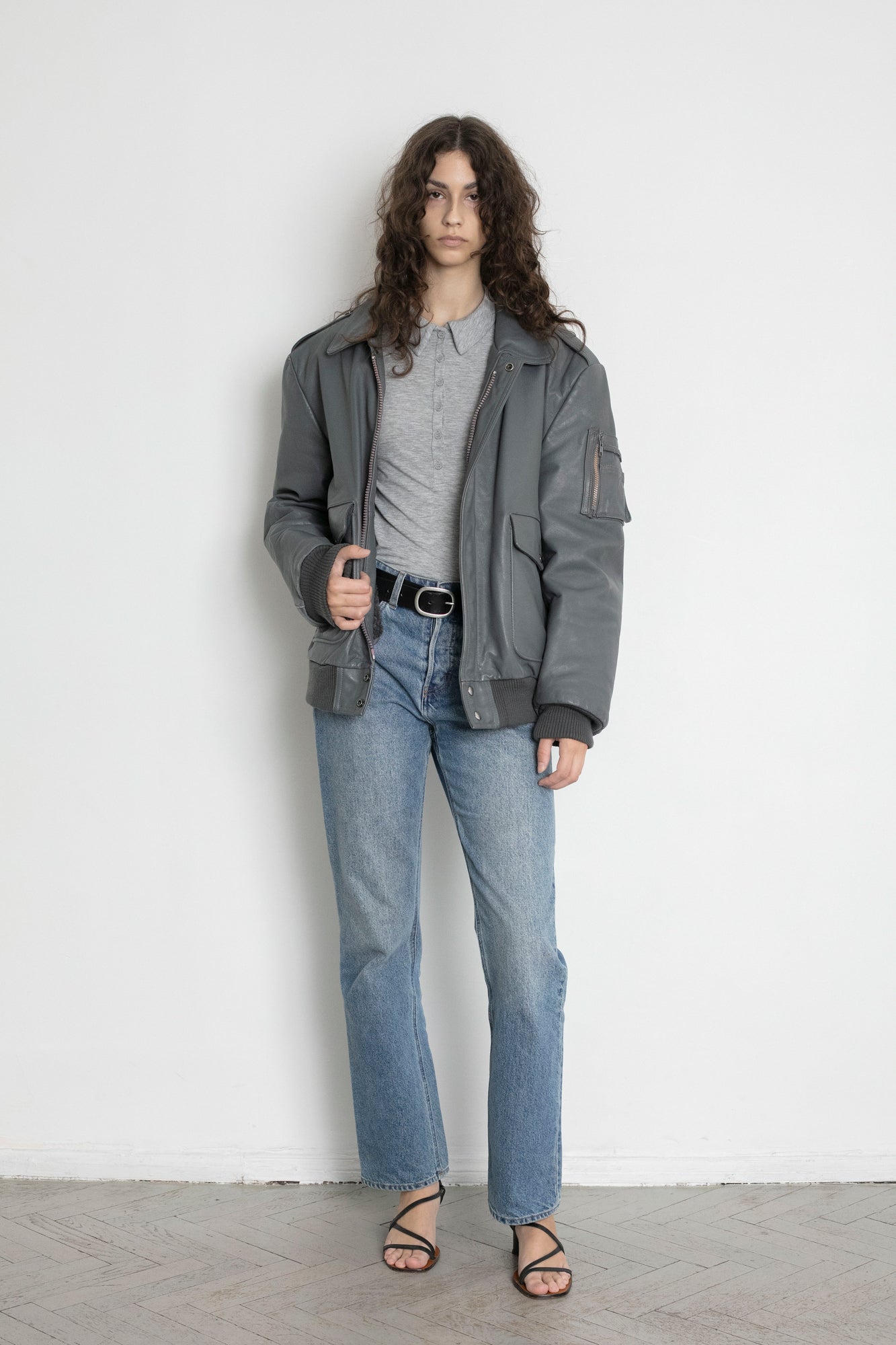 Vintage Grey Leather Bomber Jacket