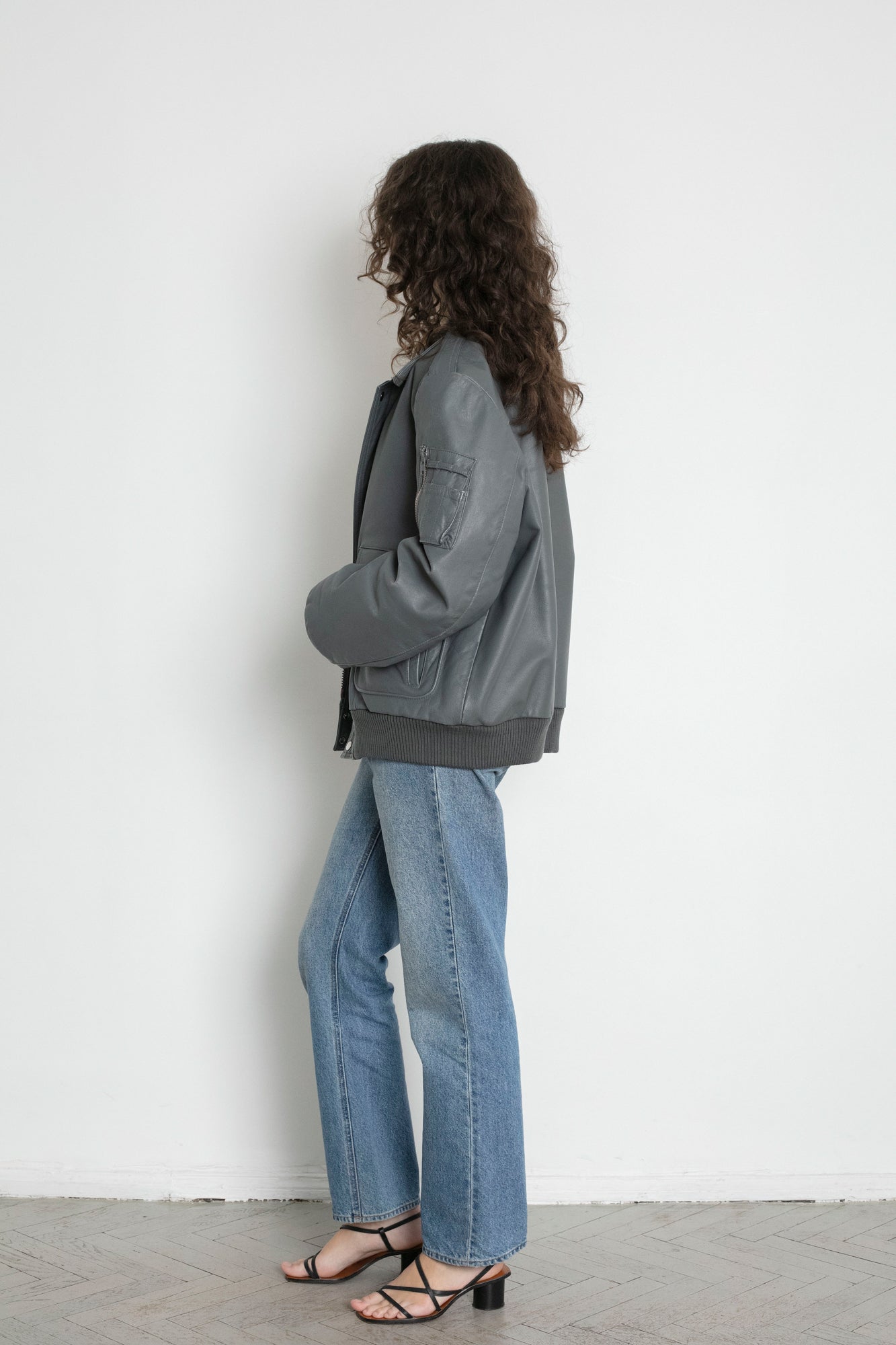 Vintage Grey Leather Bomber Jacket