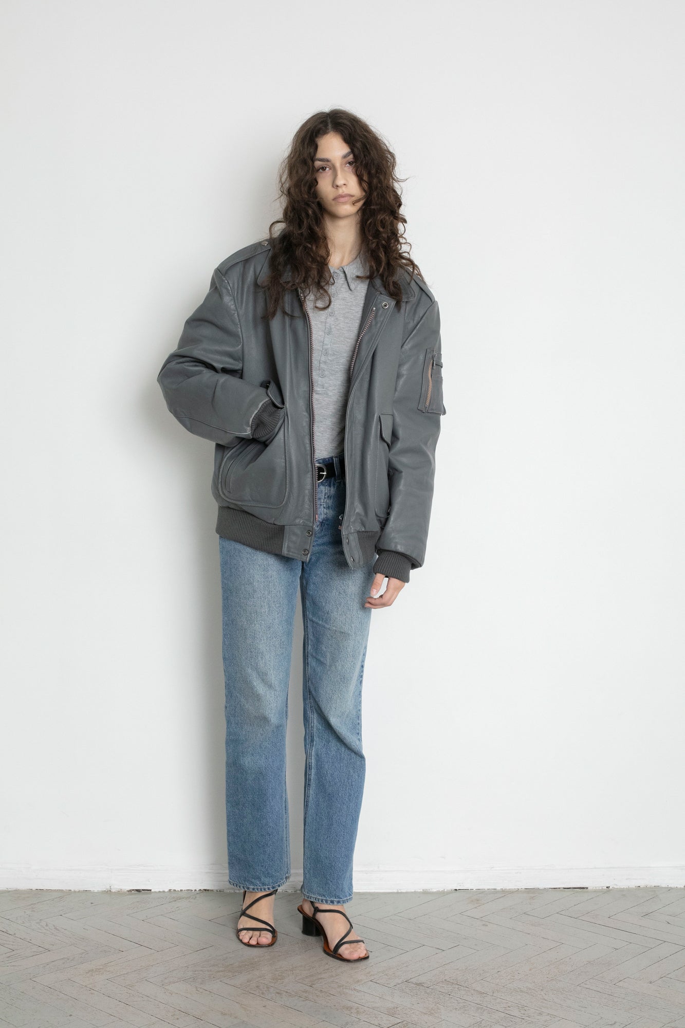 Vintage Grey Leather Bomber Jacket
