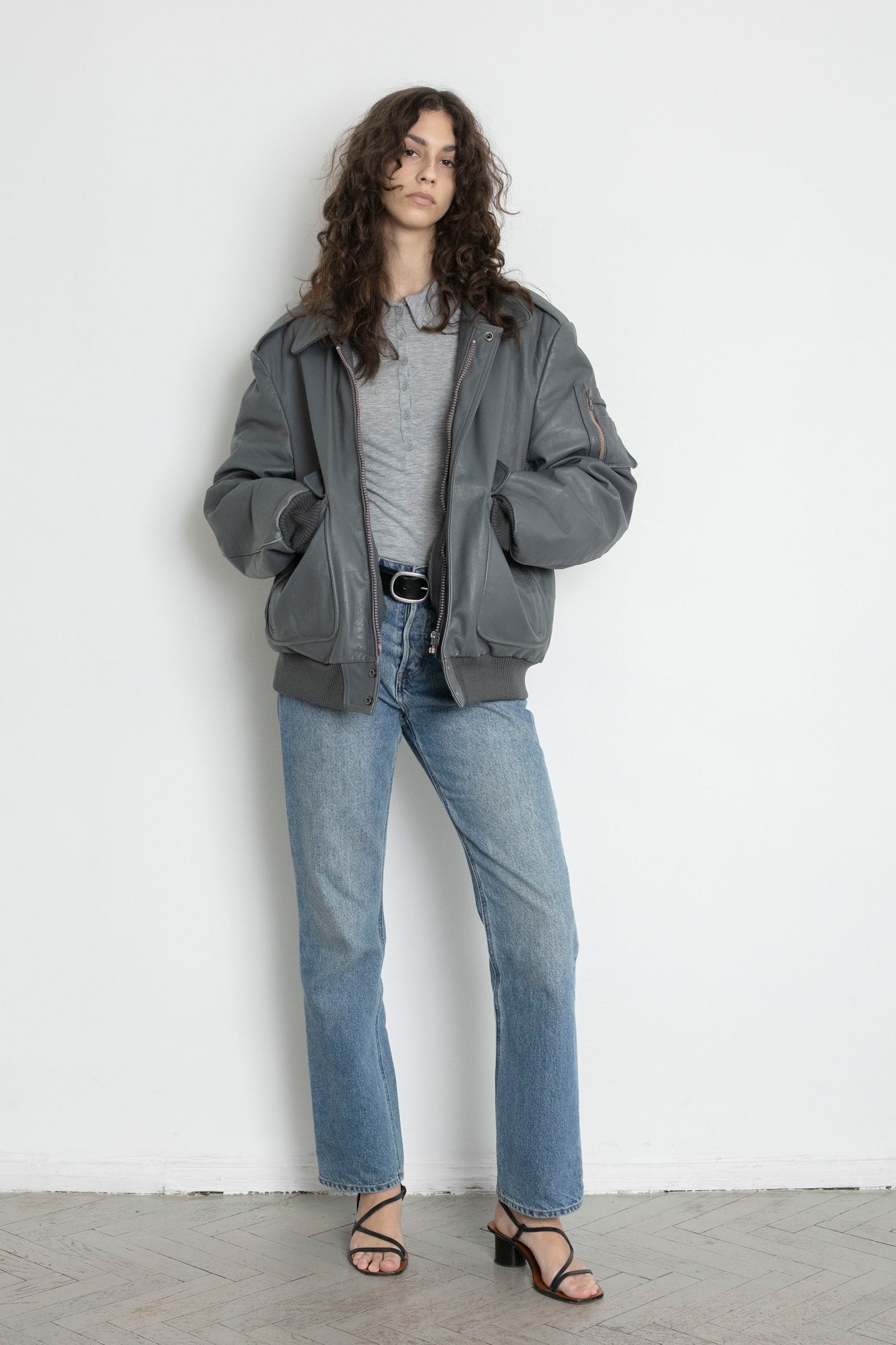 Vintage Grey Leather Bomber Jacket