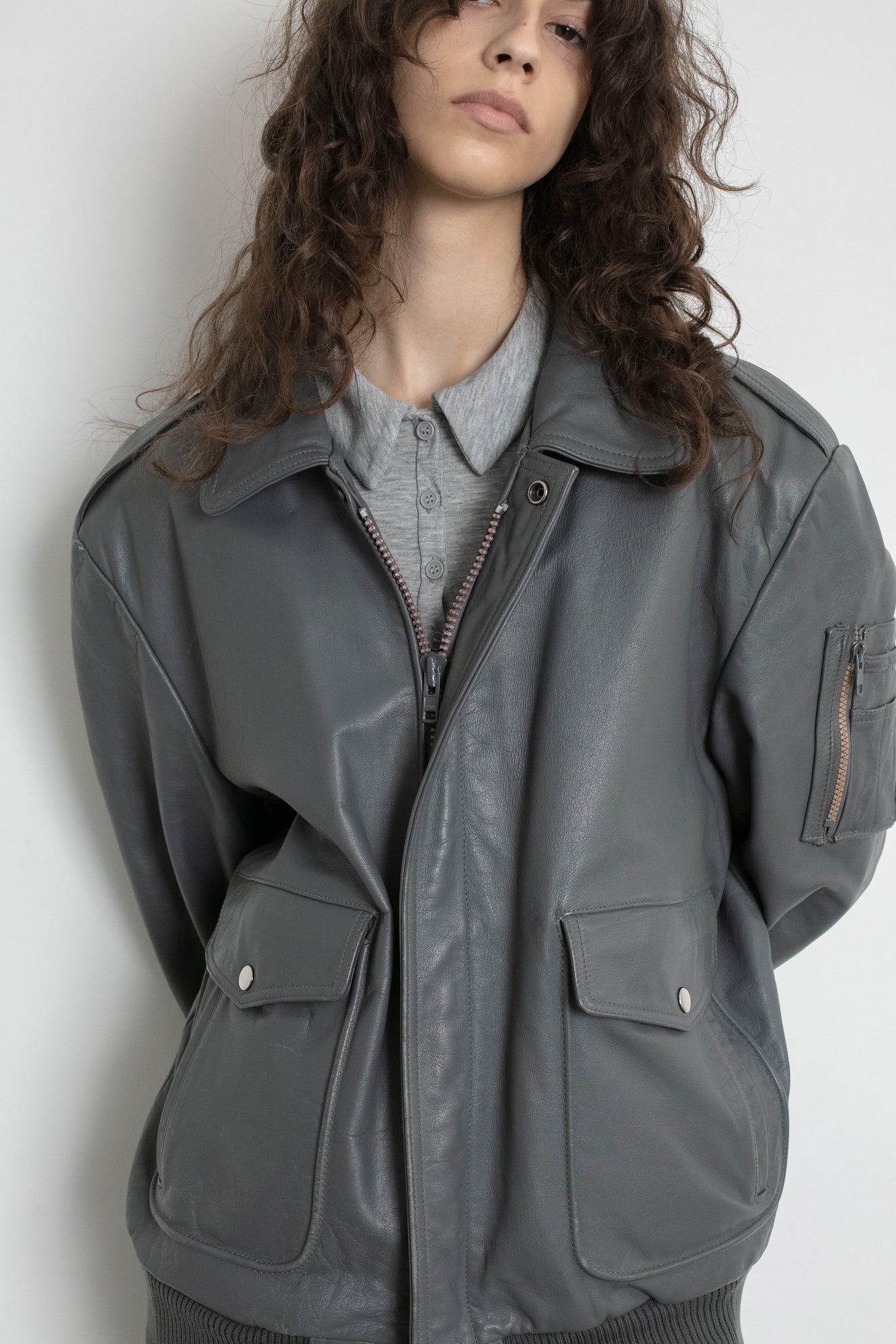 Vintage Grey Leather Bomber Jacket