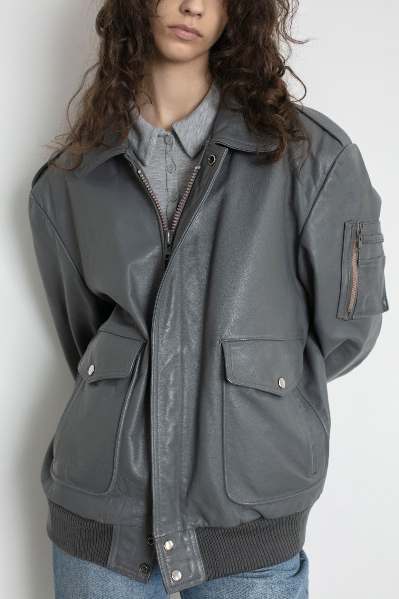 Vintage Grey Leather Bomber Jacket