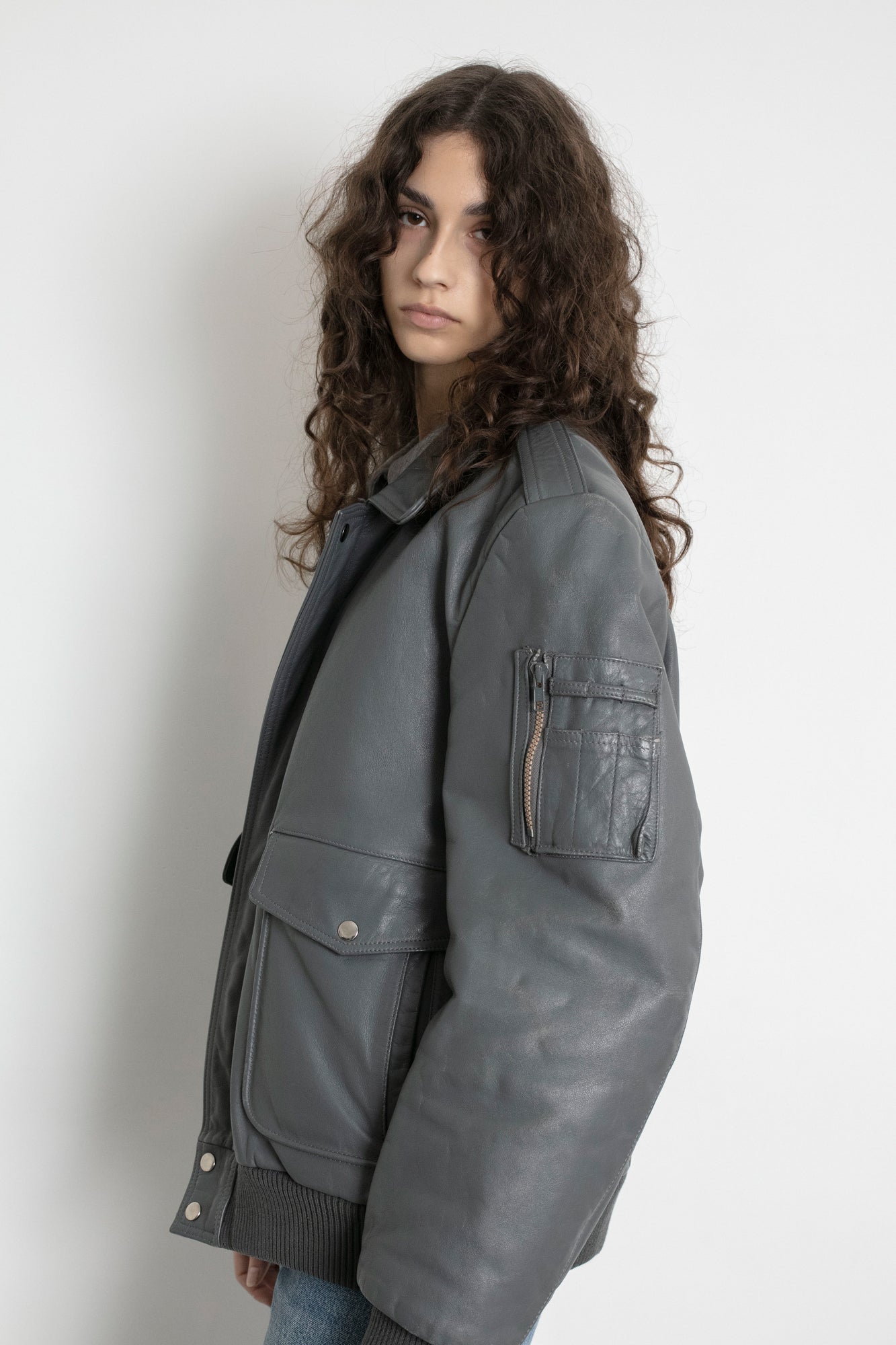 Vintage Grey Leather Bomber Jacket