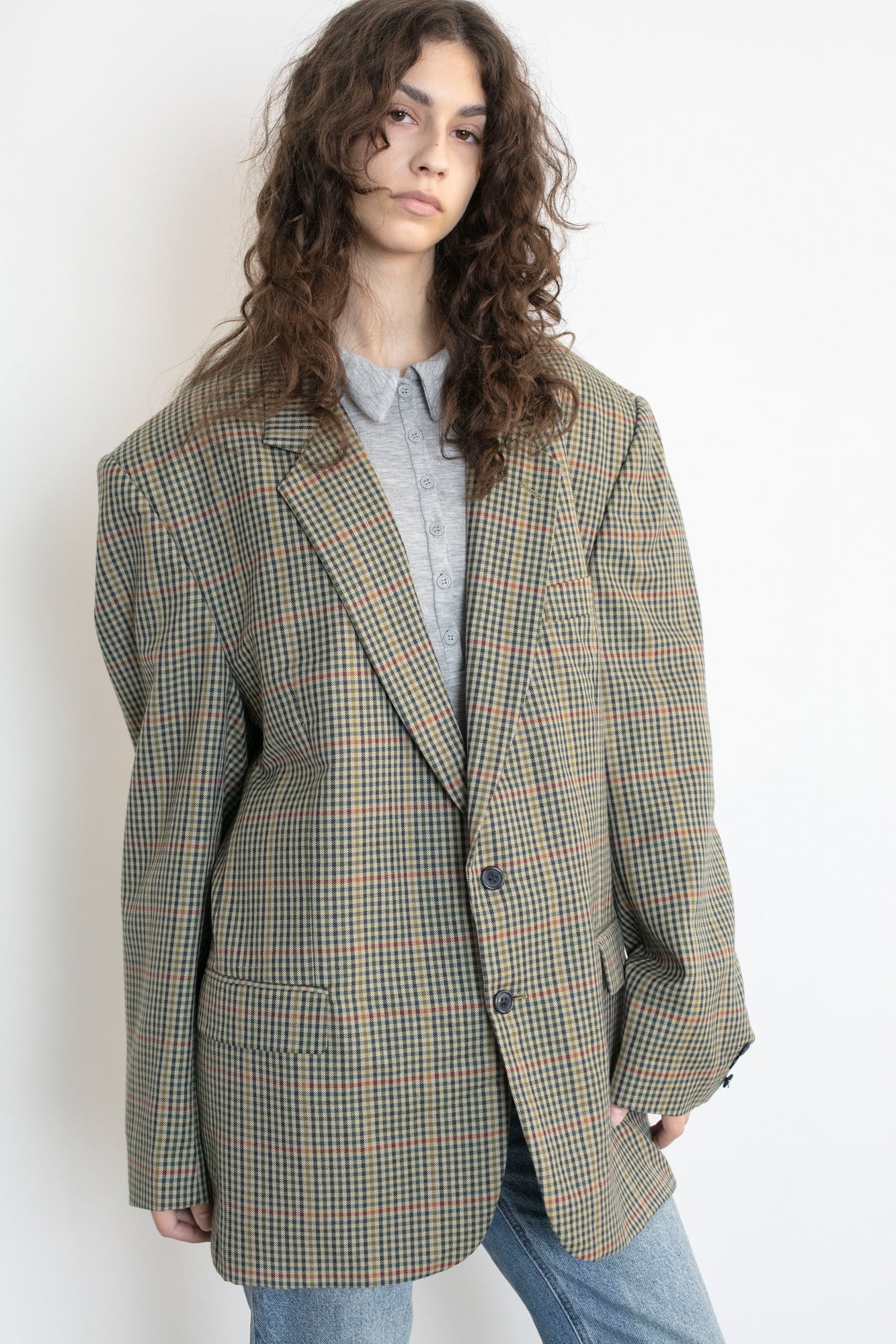 Vintage Beige Plaid Oversized Wool Blazer