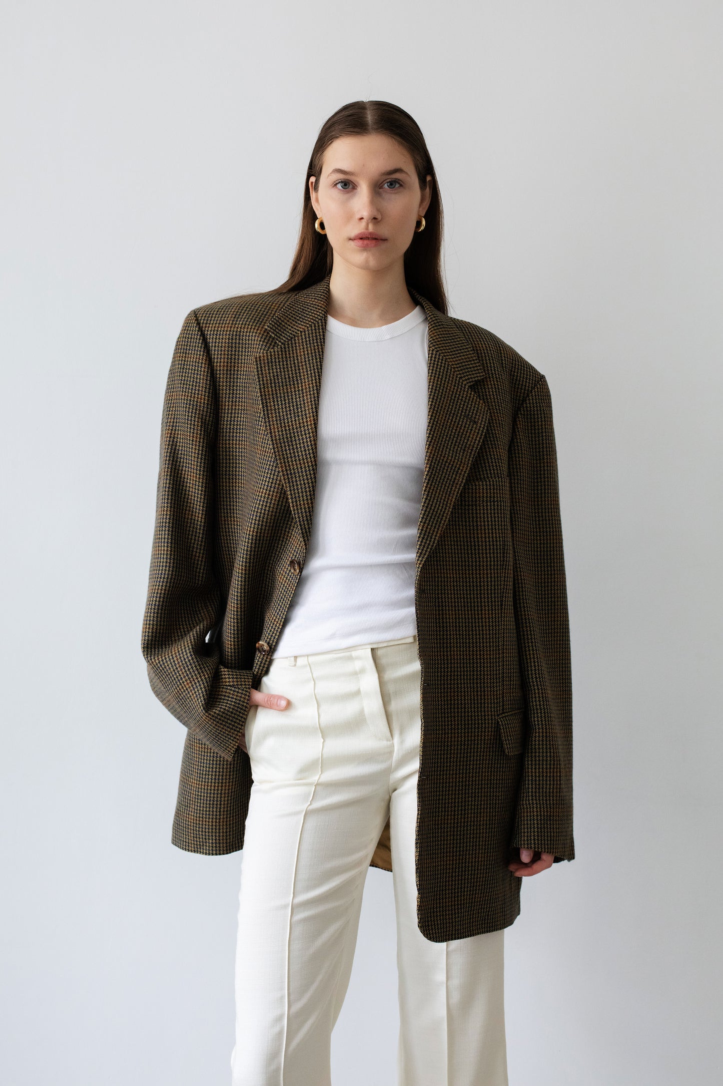 Vintage Brown Houndstooth Oversized Wool Blazer