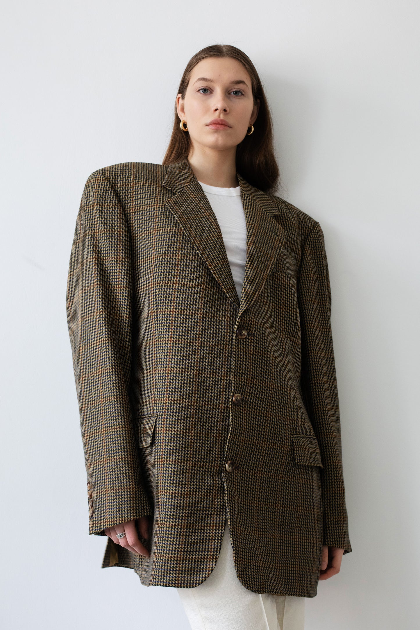 Vintage Brown Houndstooth Oversized Wool Blazer