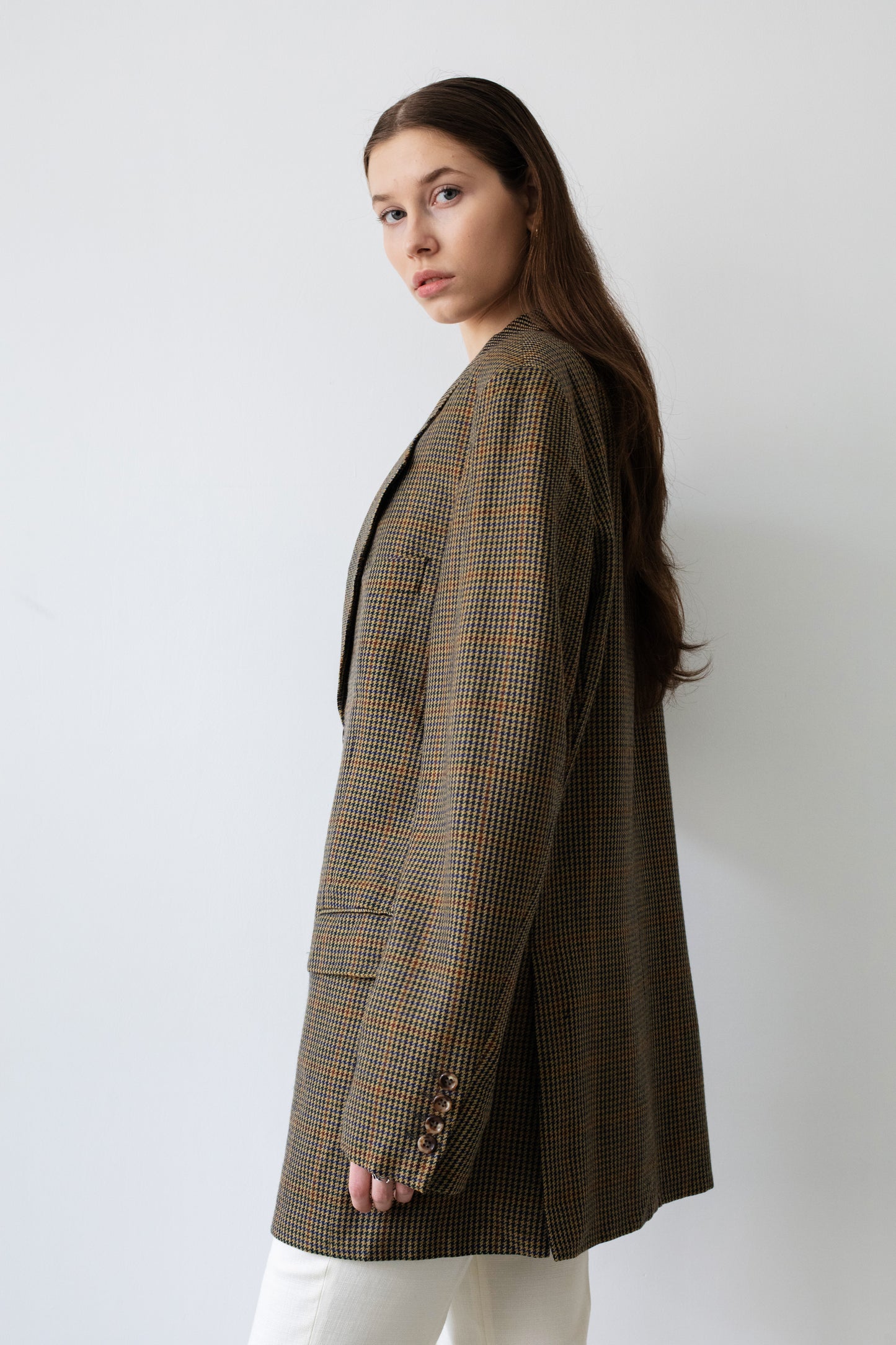 Vintage Brown Houndstooth Oversized Wool Blazer