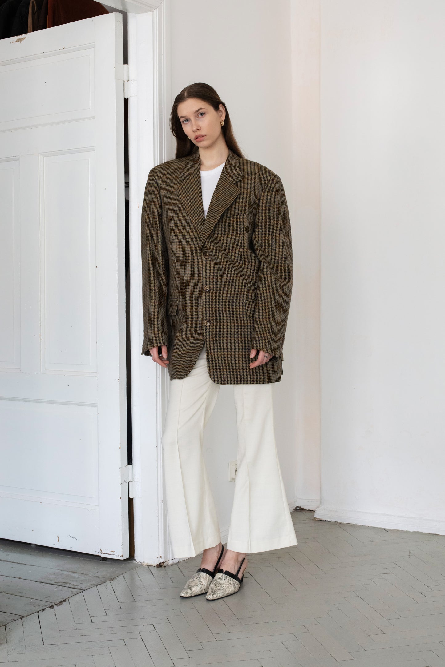 Vintage Brown Houndstooth Oversized Wool Blazer