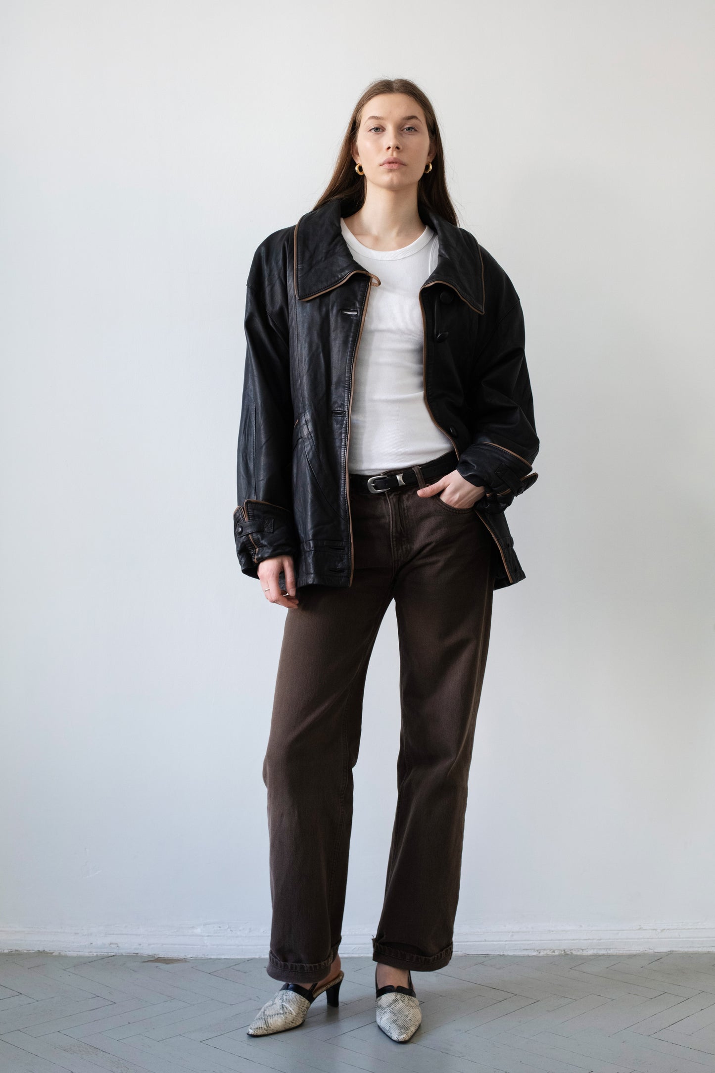 Vintage Black Leather Jacket With Shirt Collar