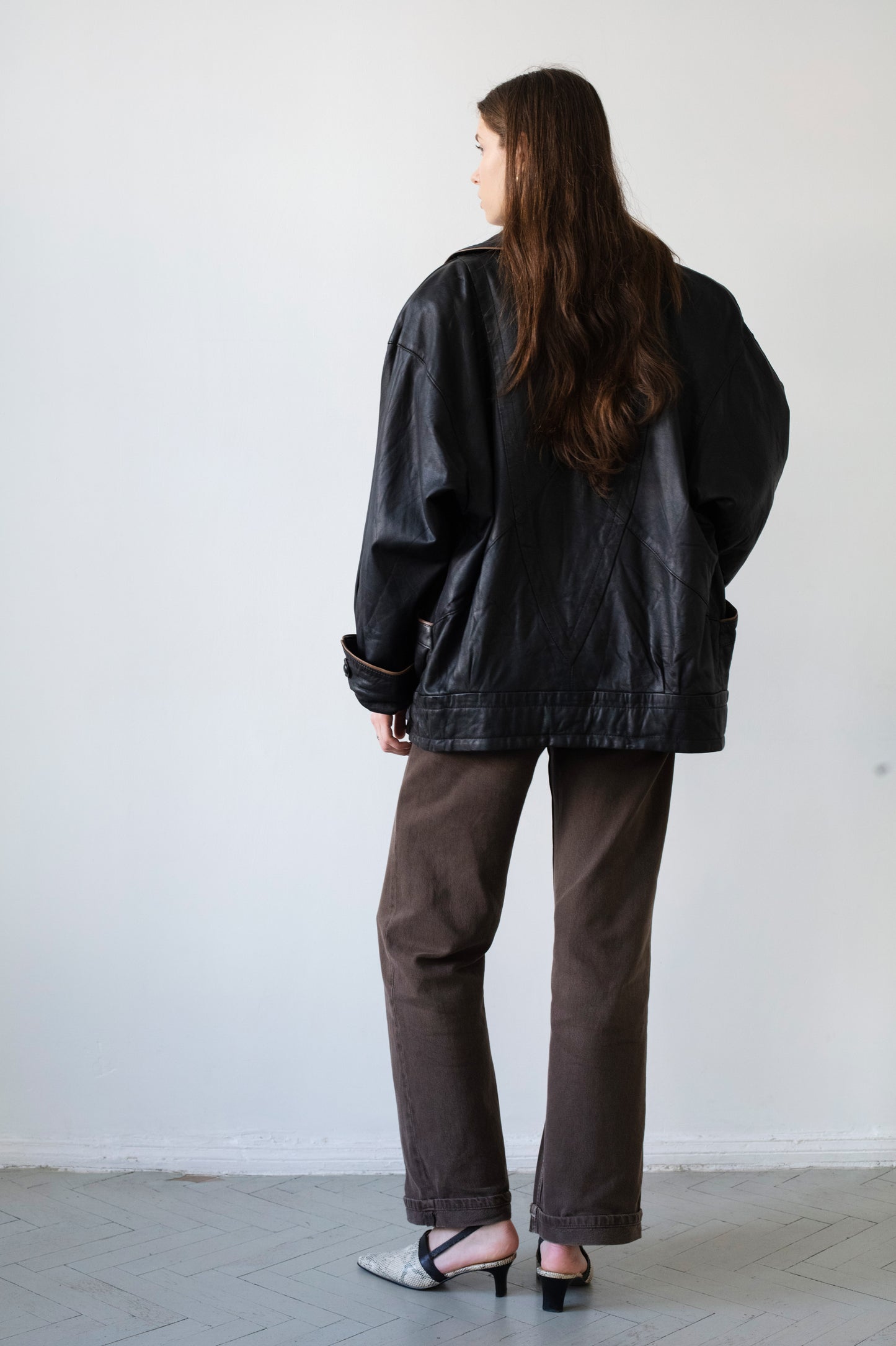 Vintage Black Leather Jacket With Shirt Collar