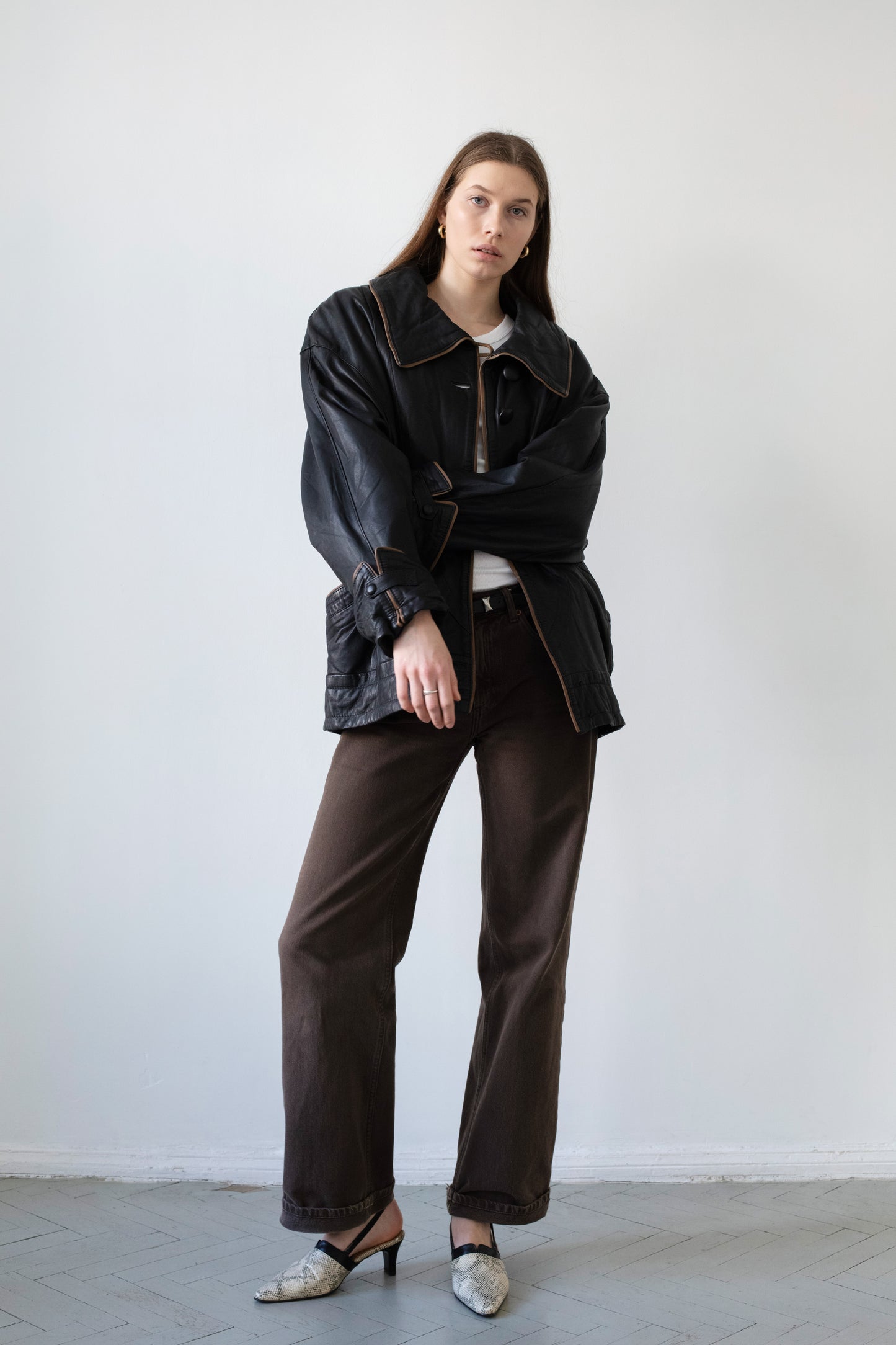 Vintage Black Leather Jacket With Shirt Collar