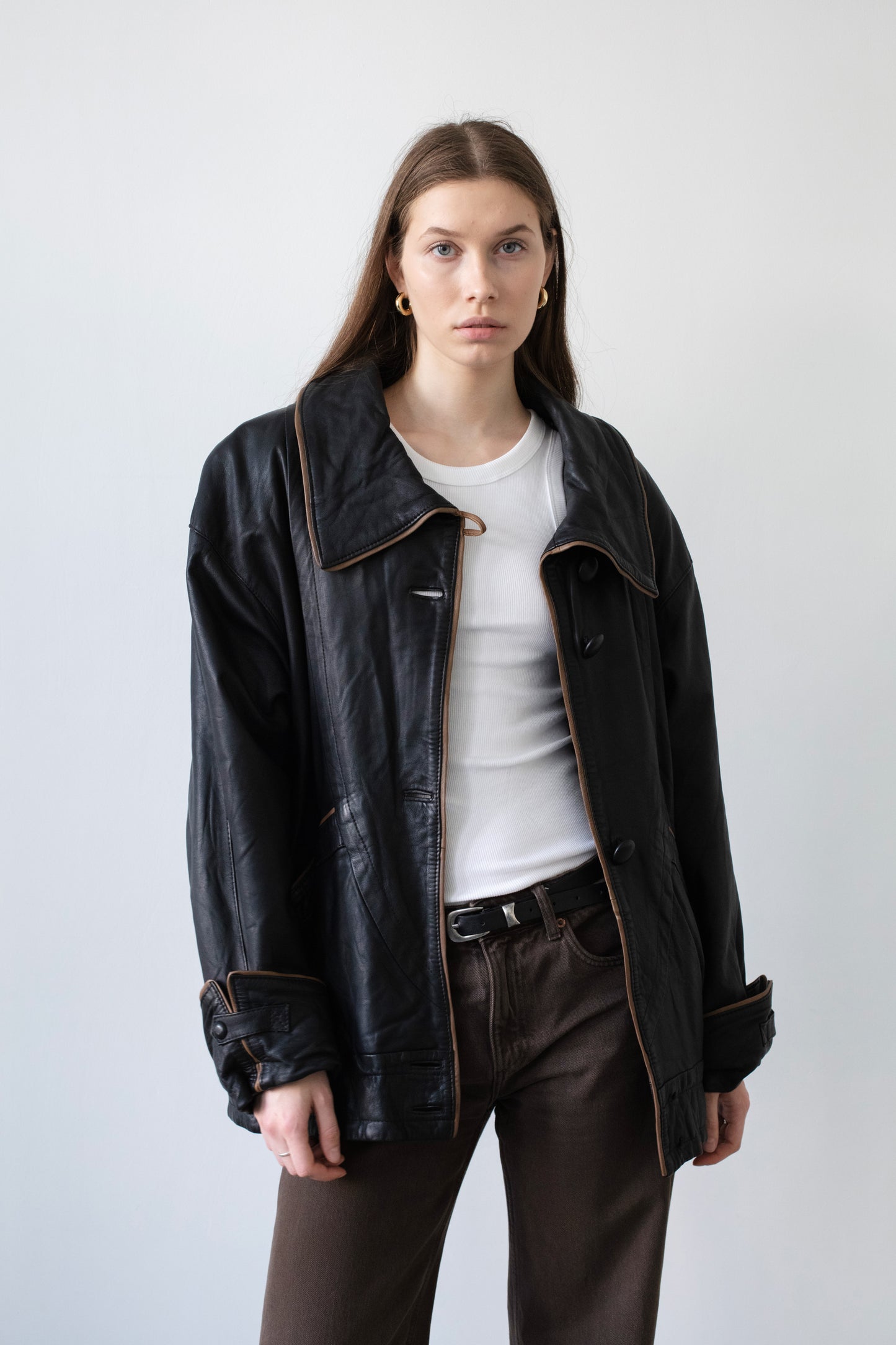 Vintage Black Leather Jacket With Shirt Collar