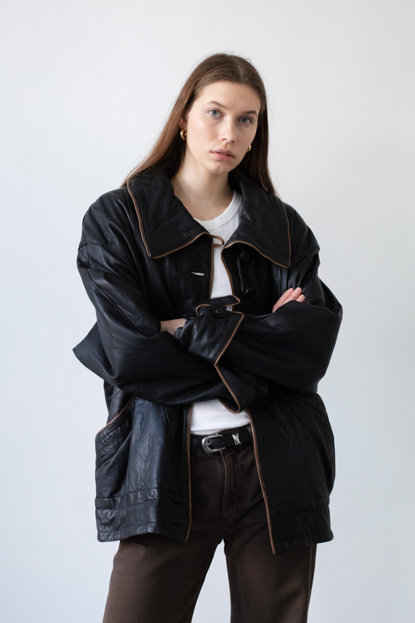 Vintage Black Leather Jacket With Shirt Collar