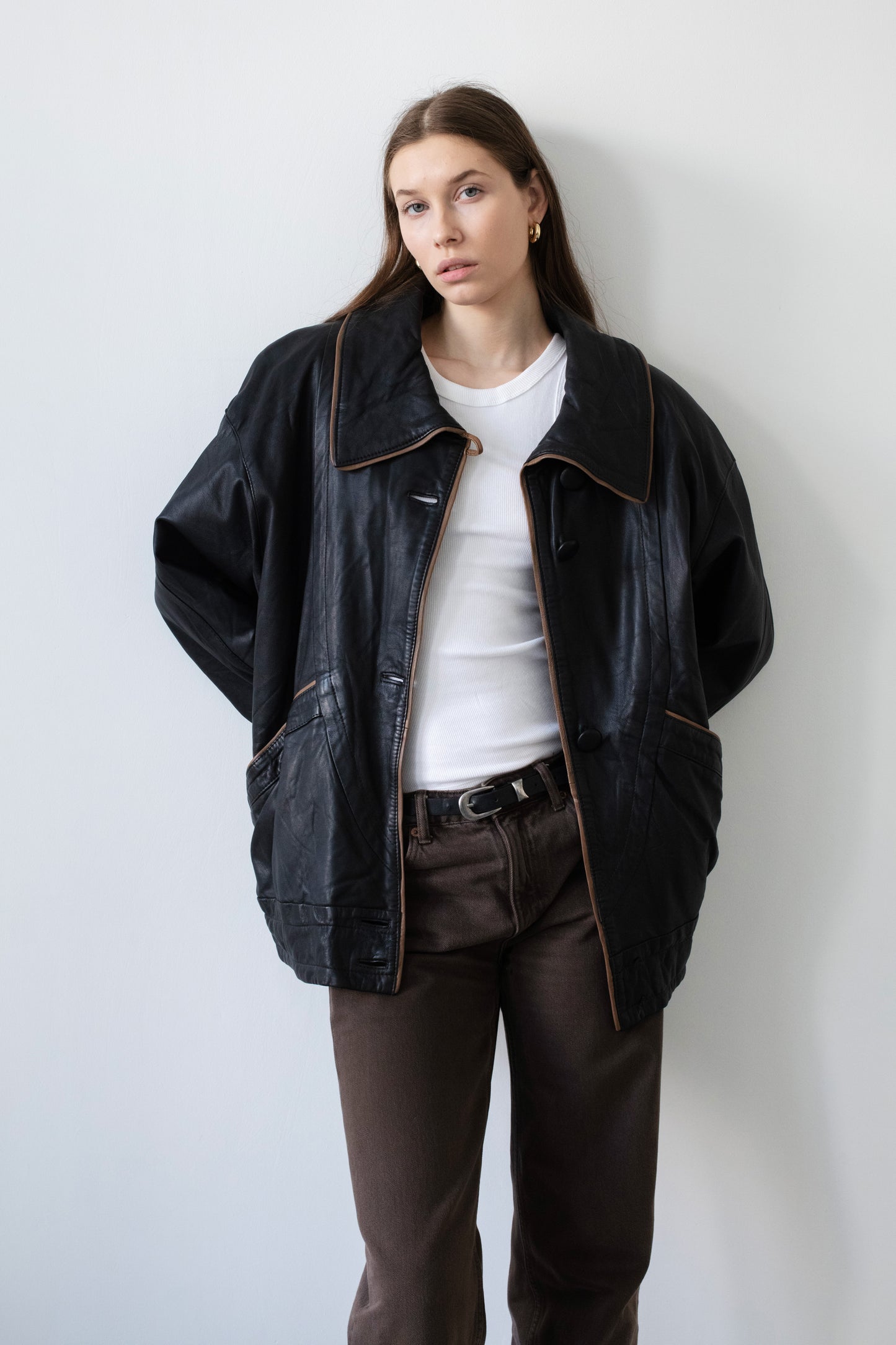 Vintage Black Leather Jacket With Shirt Collar
