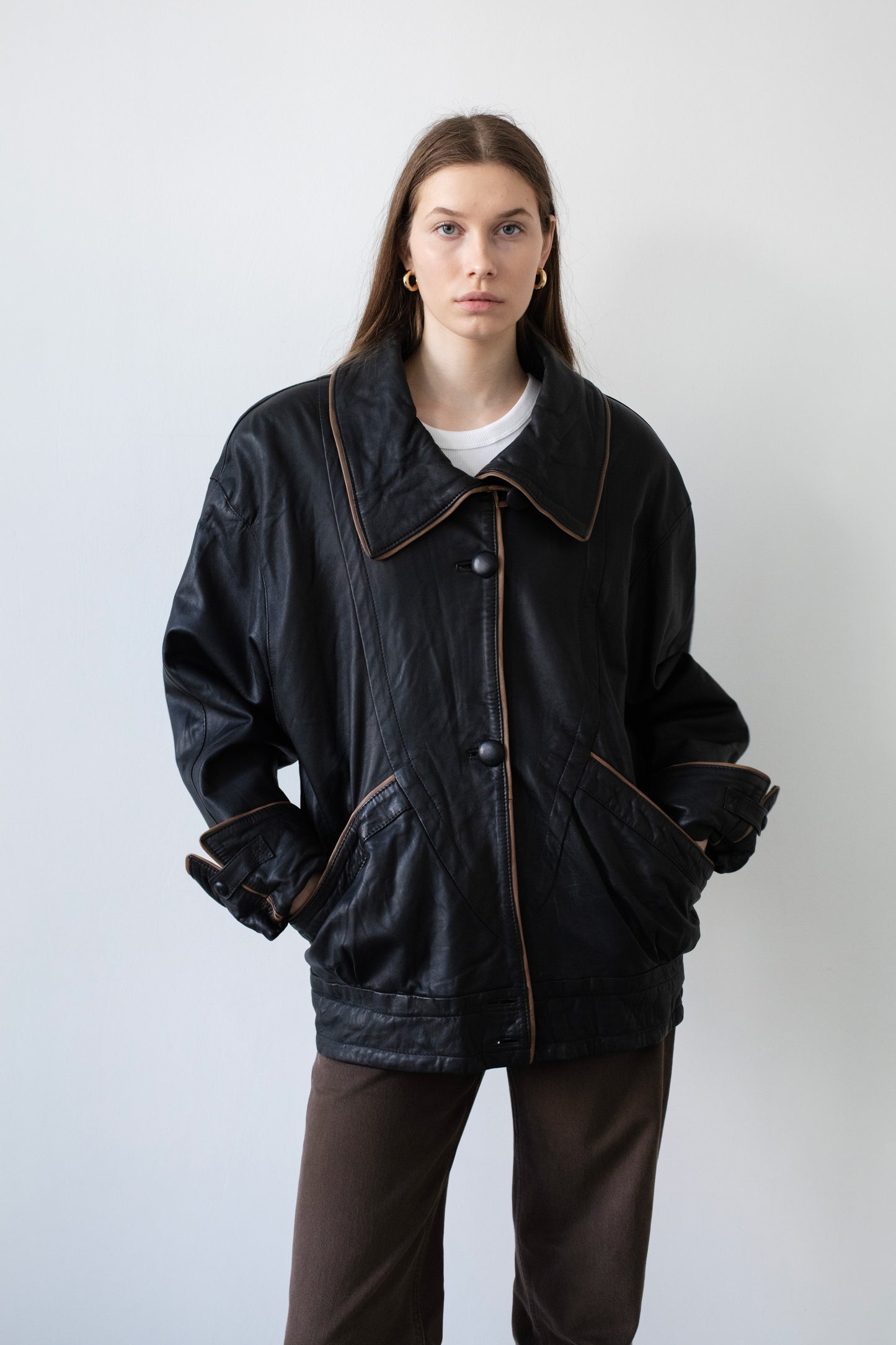Vintage Black Leather Jacket With Shirt Collar
