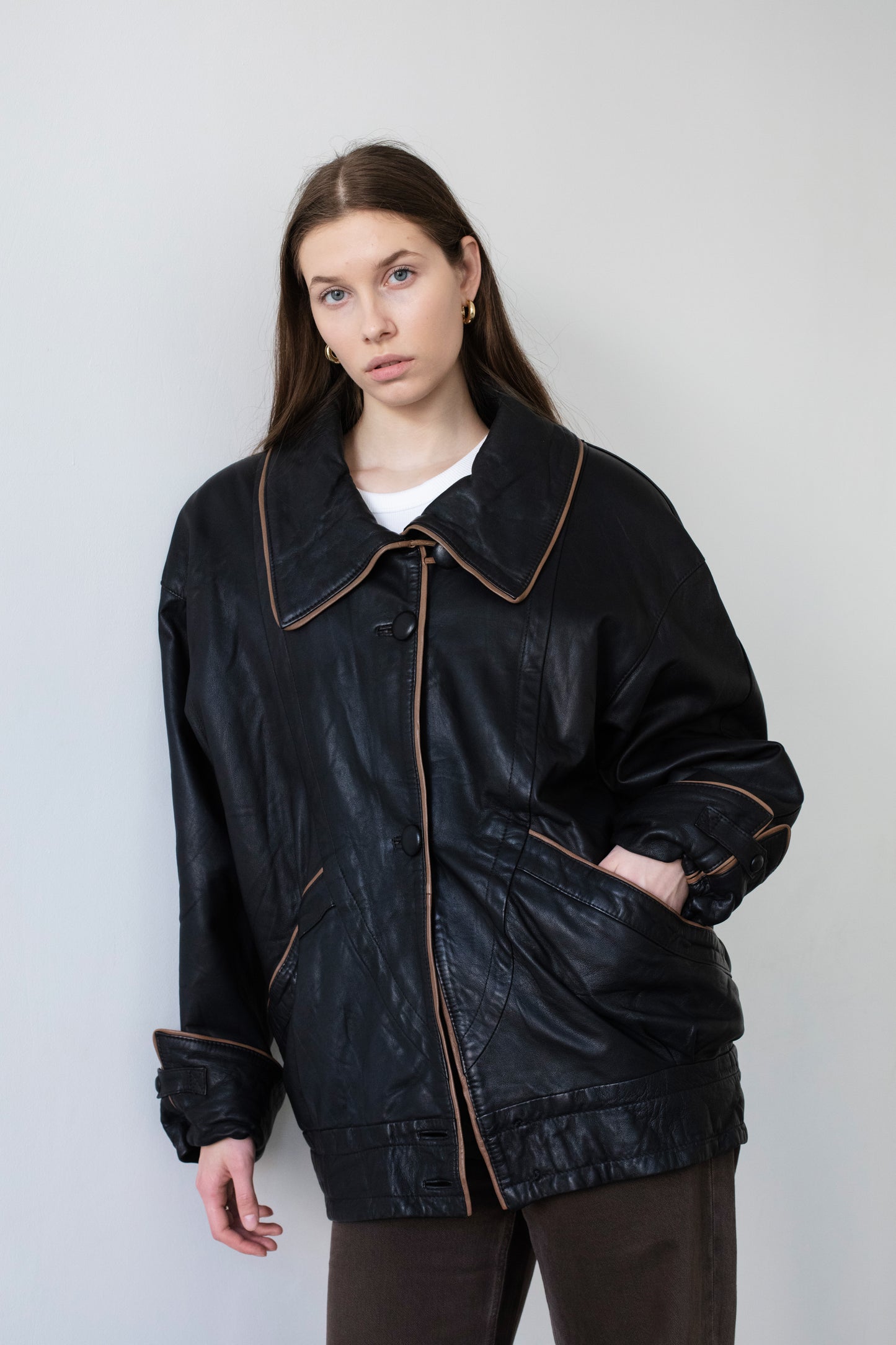 Vintage Black Leather Jacket With Shirt Collar