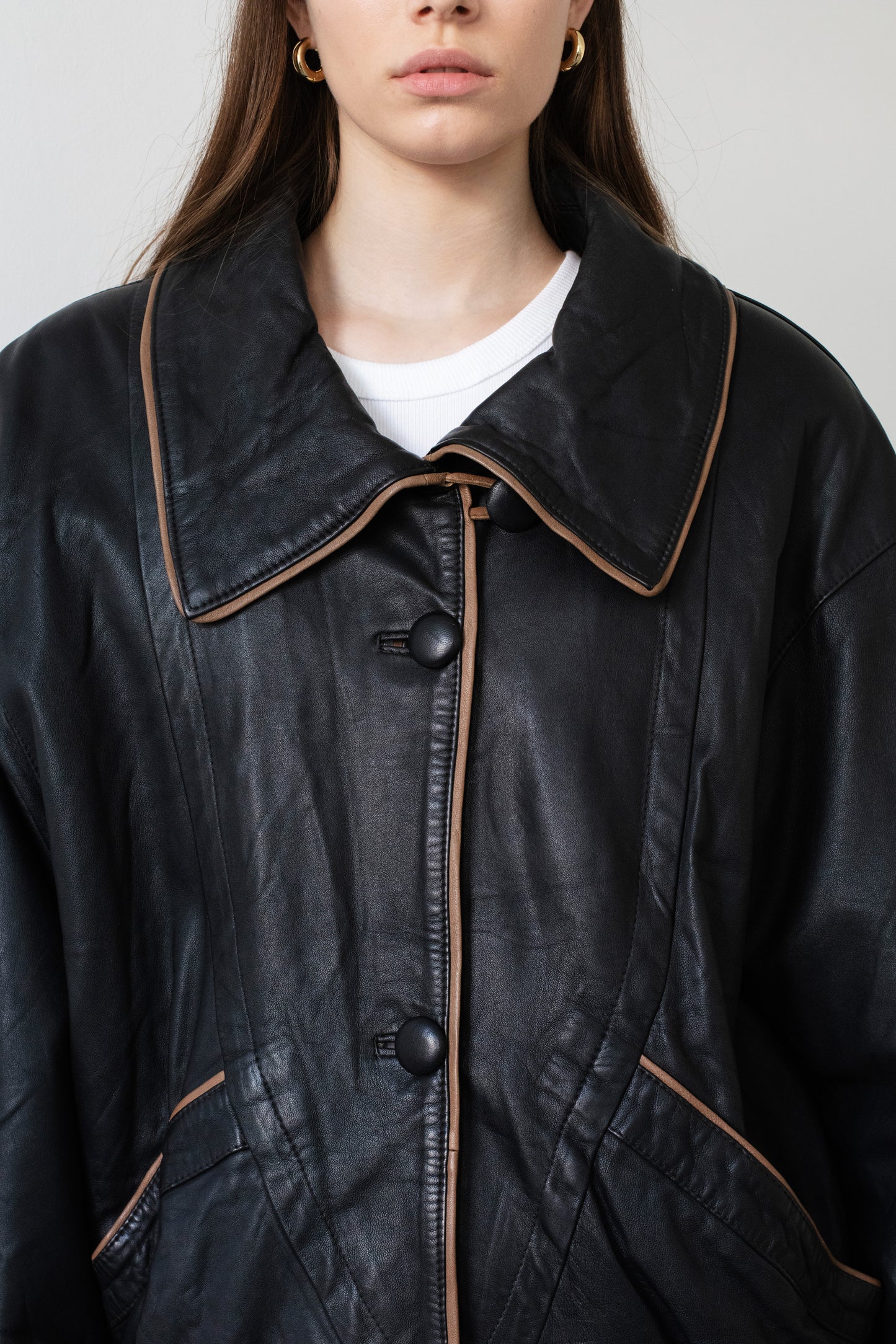 Vintage Black Leather Jacket With Shirt Collar