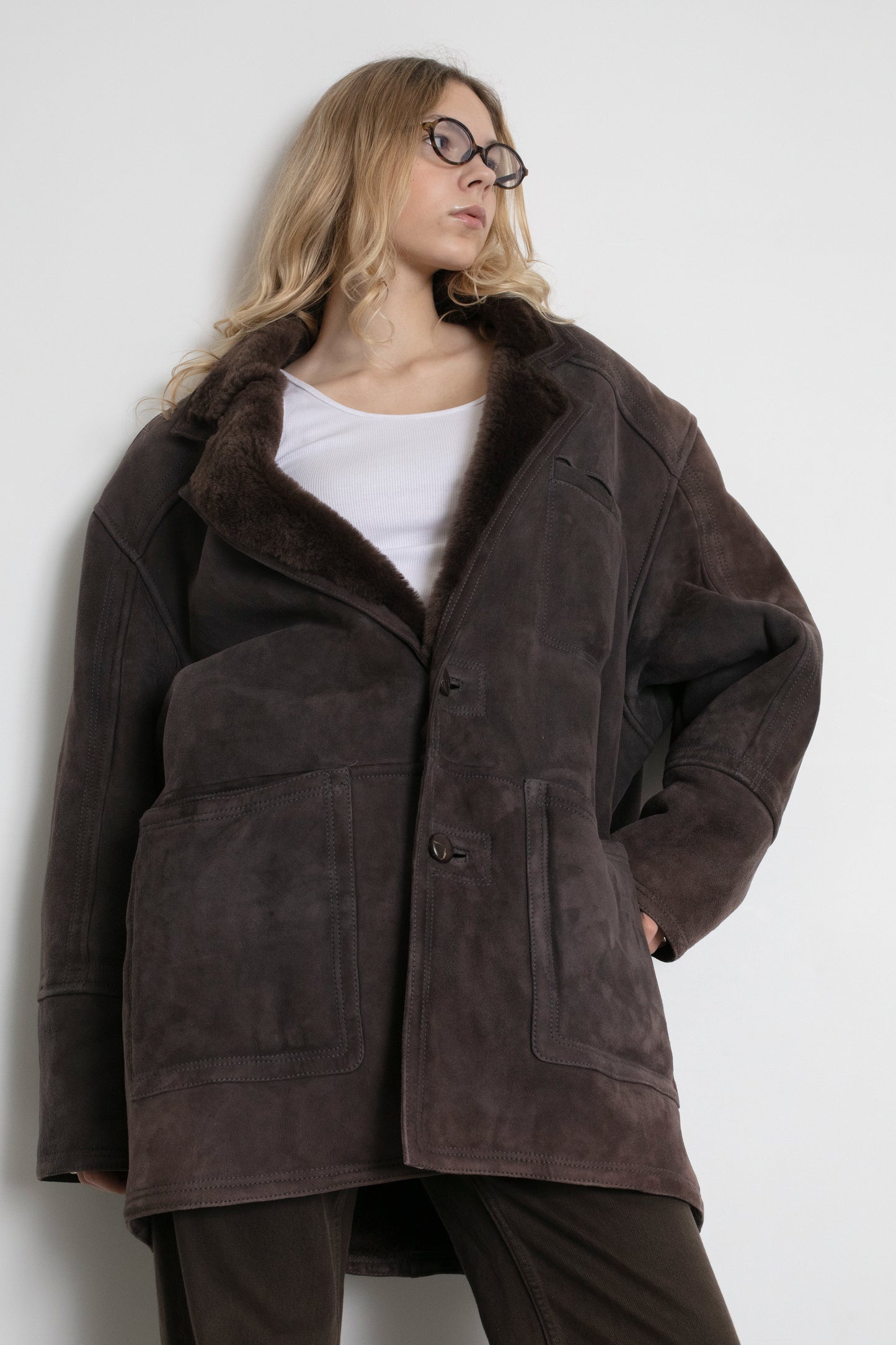 Vintage Dark Brown Shearling Sheepskin Coat