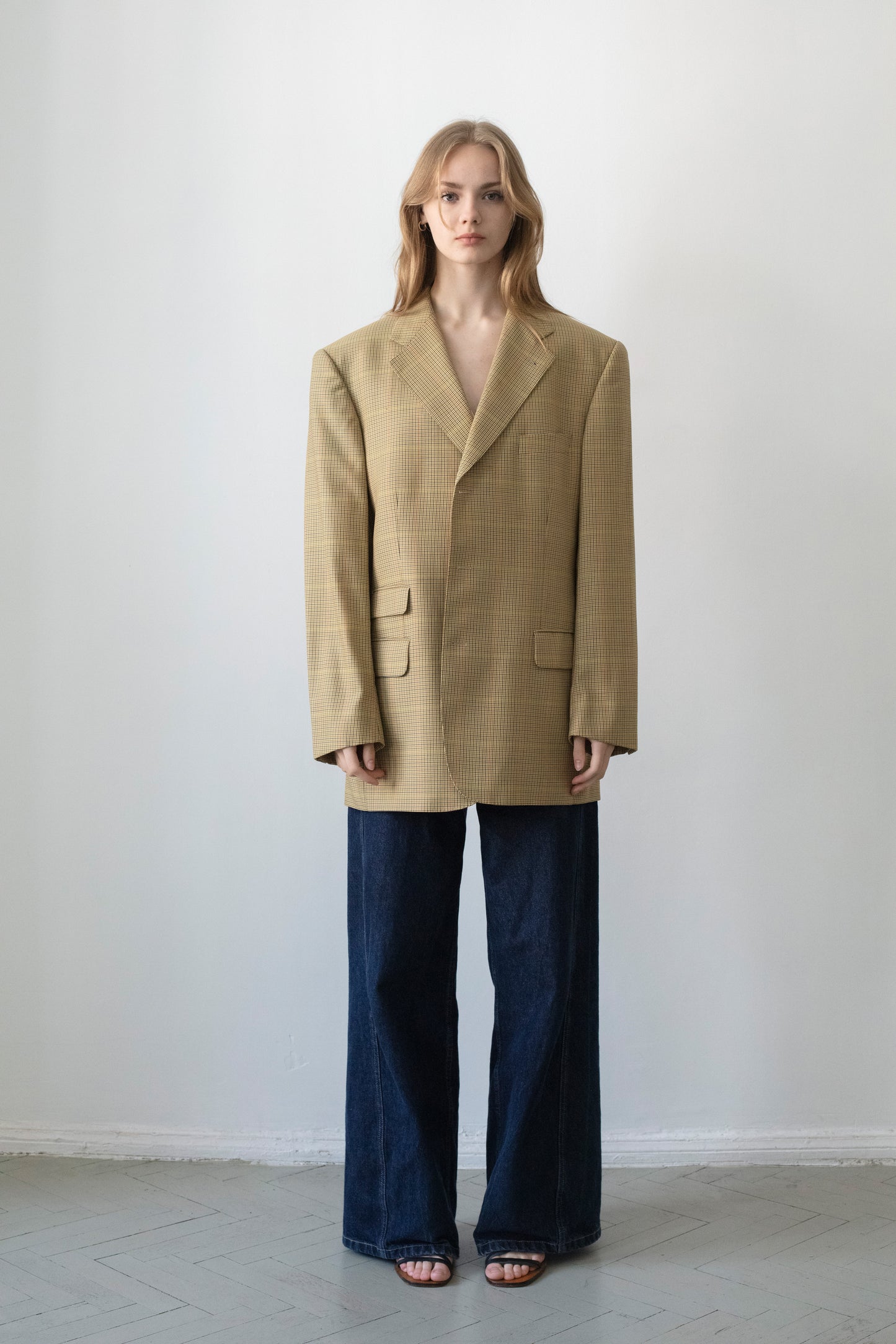 Vintage Beige Houndstooth Wool Blazer