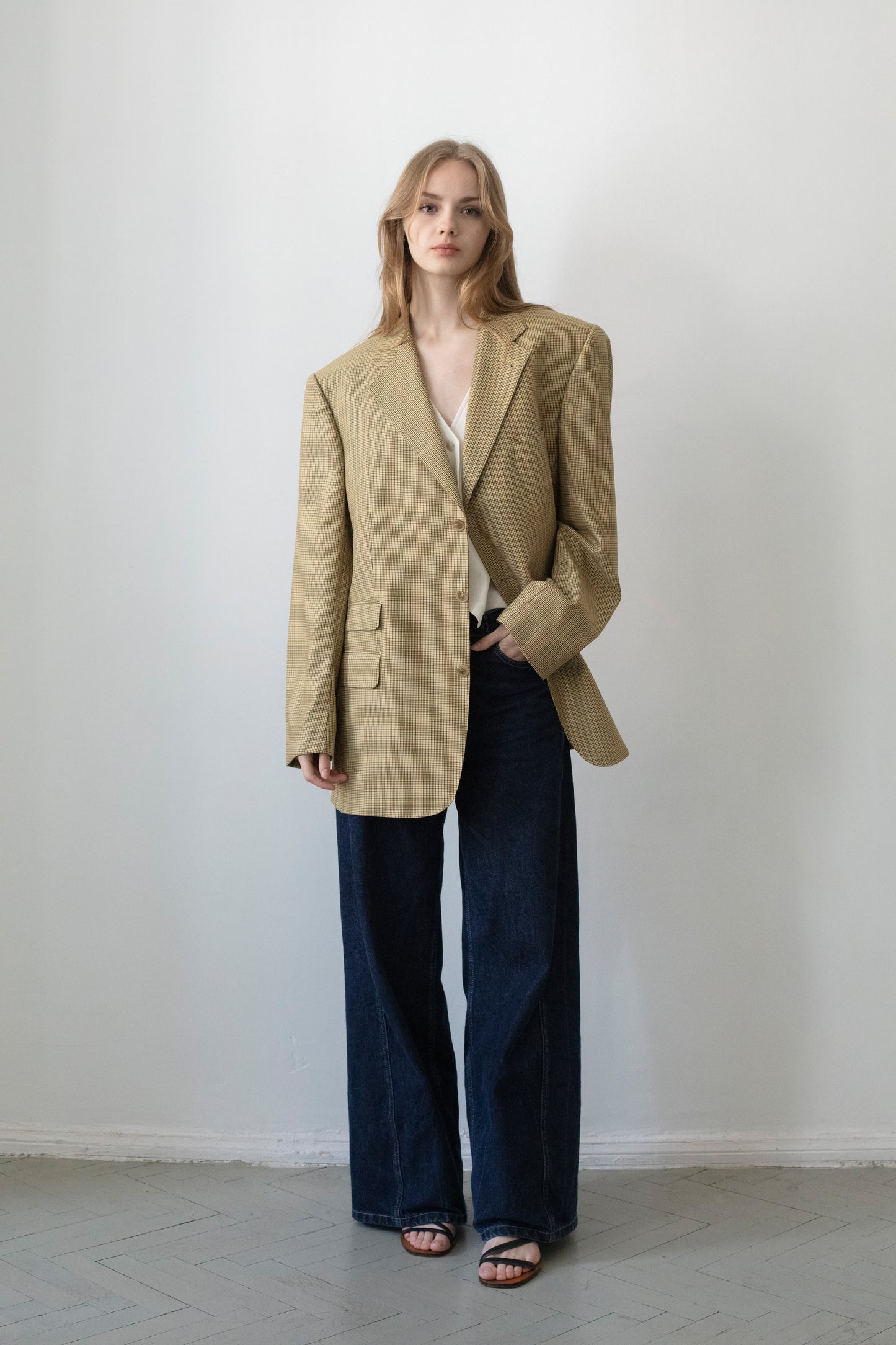 Vintage Beige Houndstooth Wool Blazer
