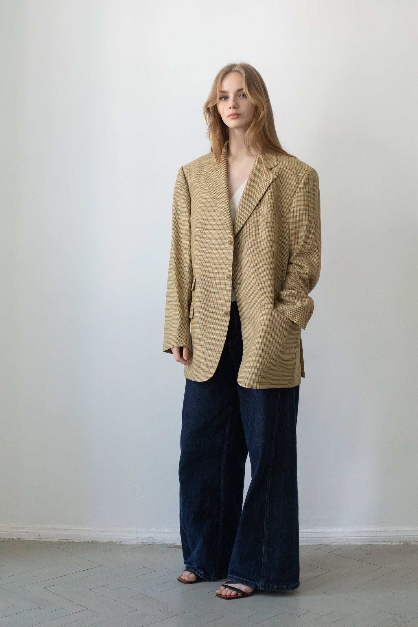 Vintage Beige Houndstooth Wool Blazer