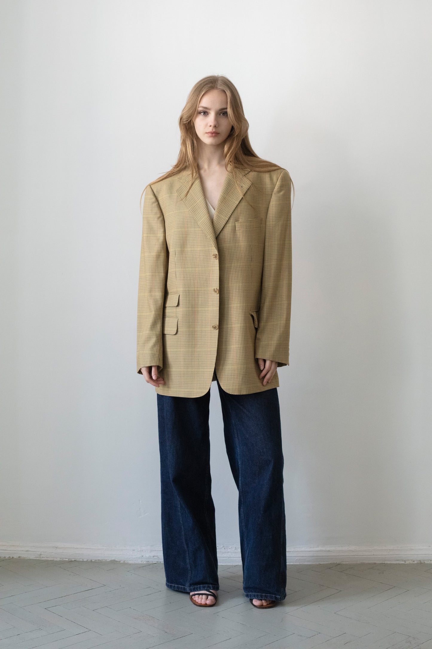 Vintage Beige Houndstooth Wool Blazer