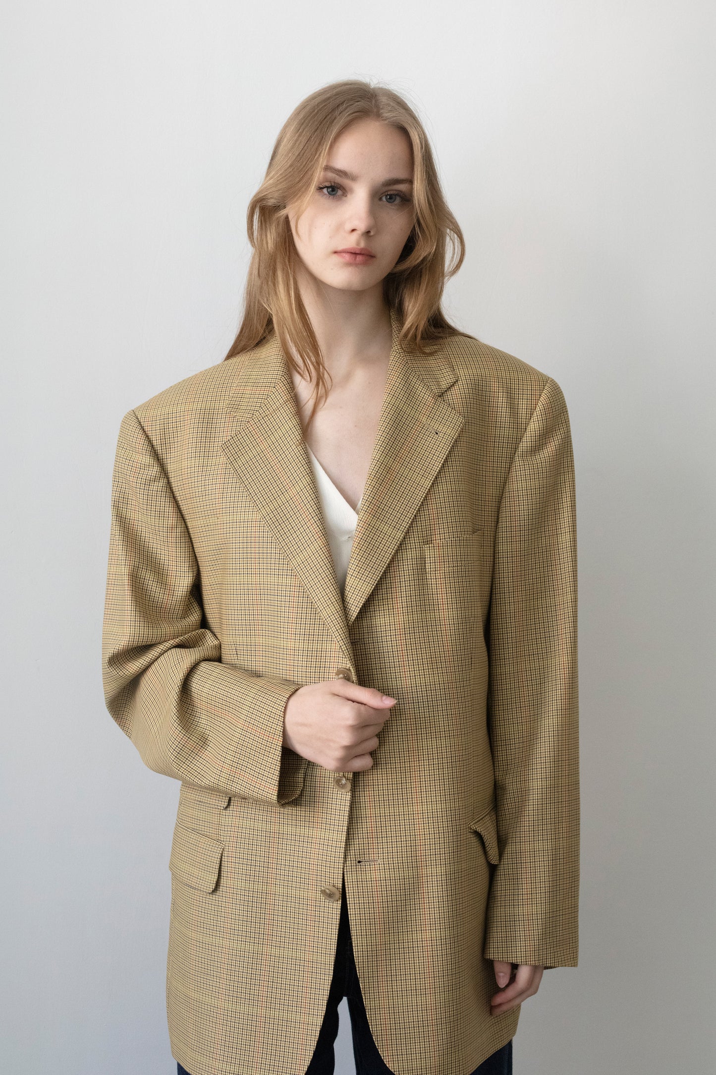 Vintage Beige Houndstooth Wool Blazer