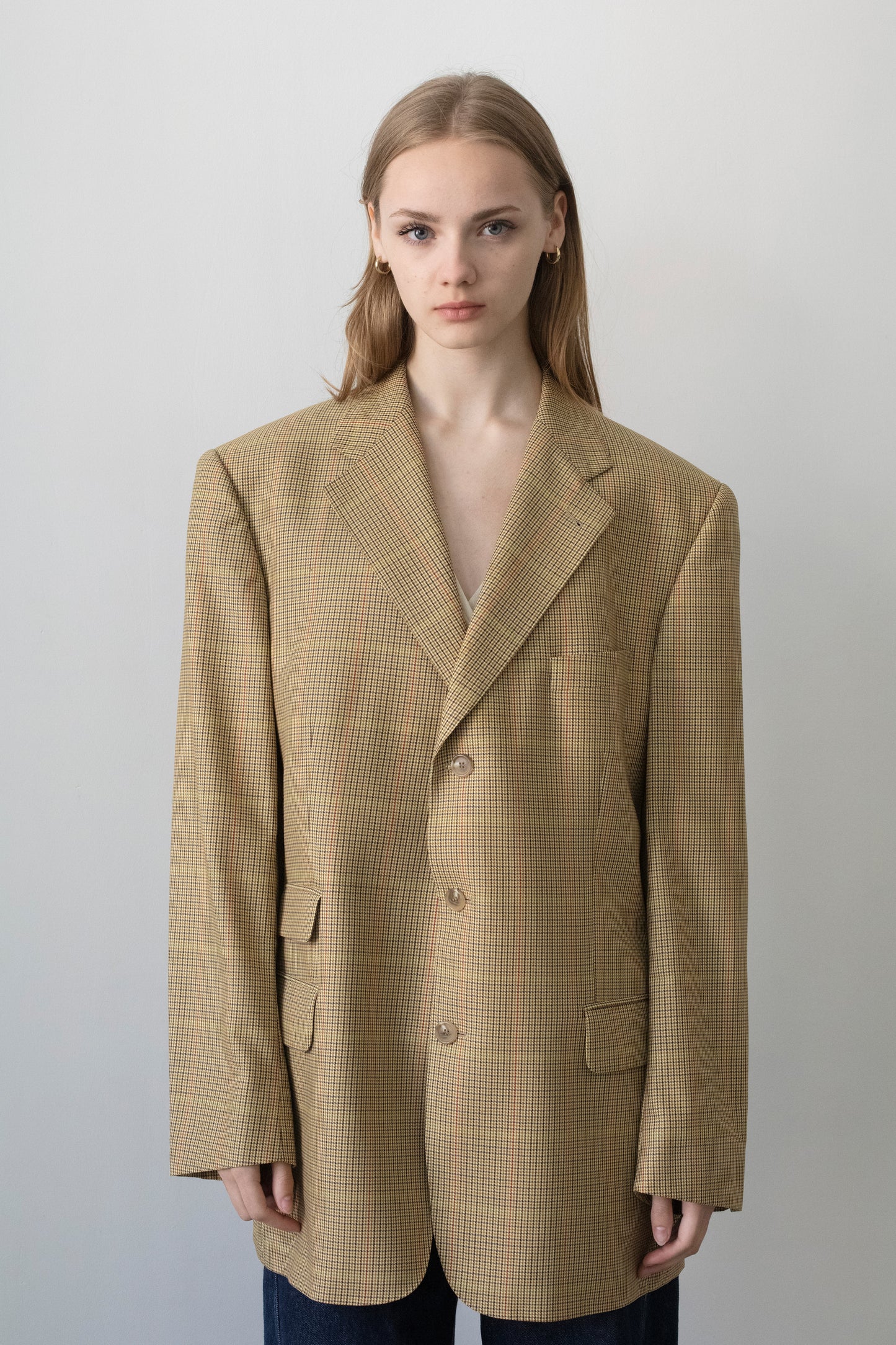 Vintage Beige Houndstooth Wool Blazer