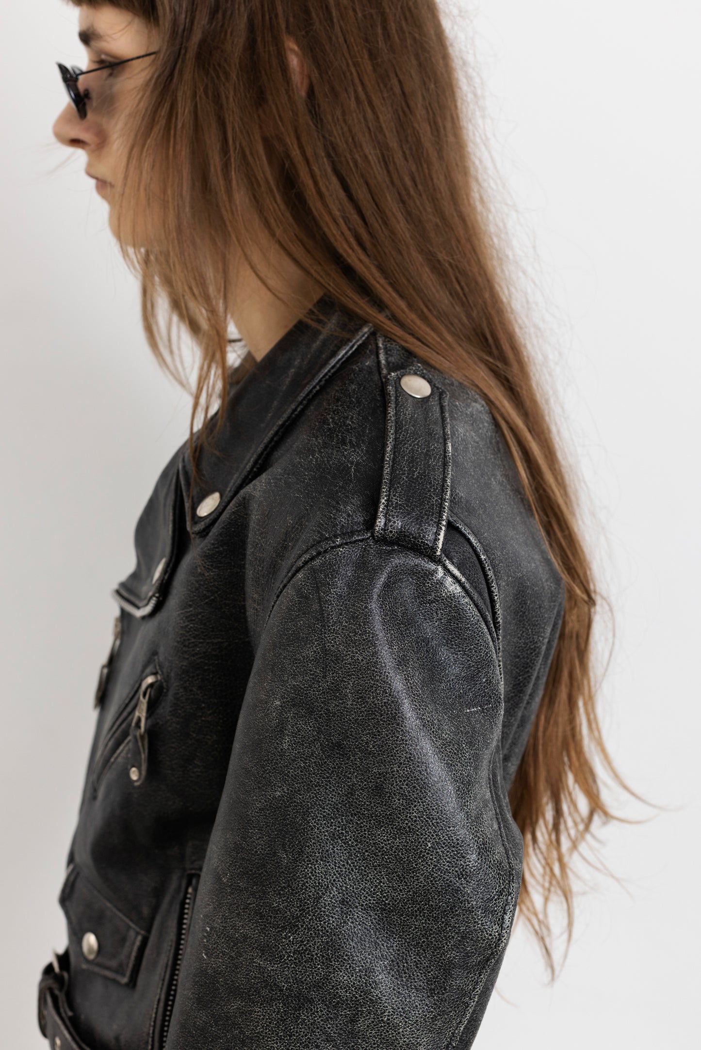 Vintage Grey Distressed Leather Biker Jacket