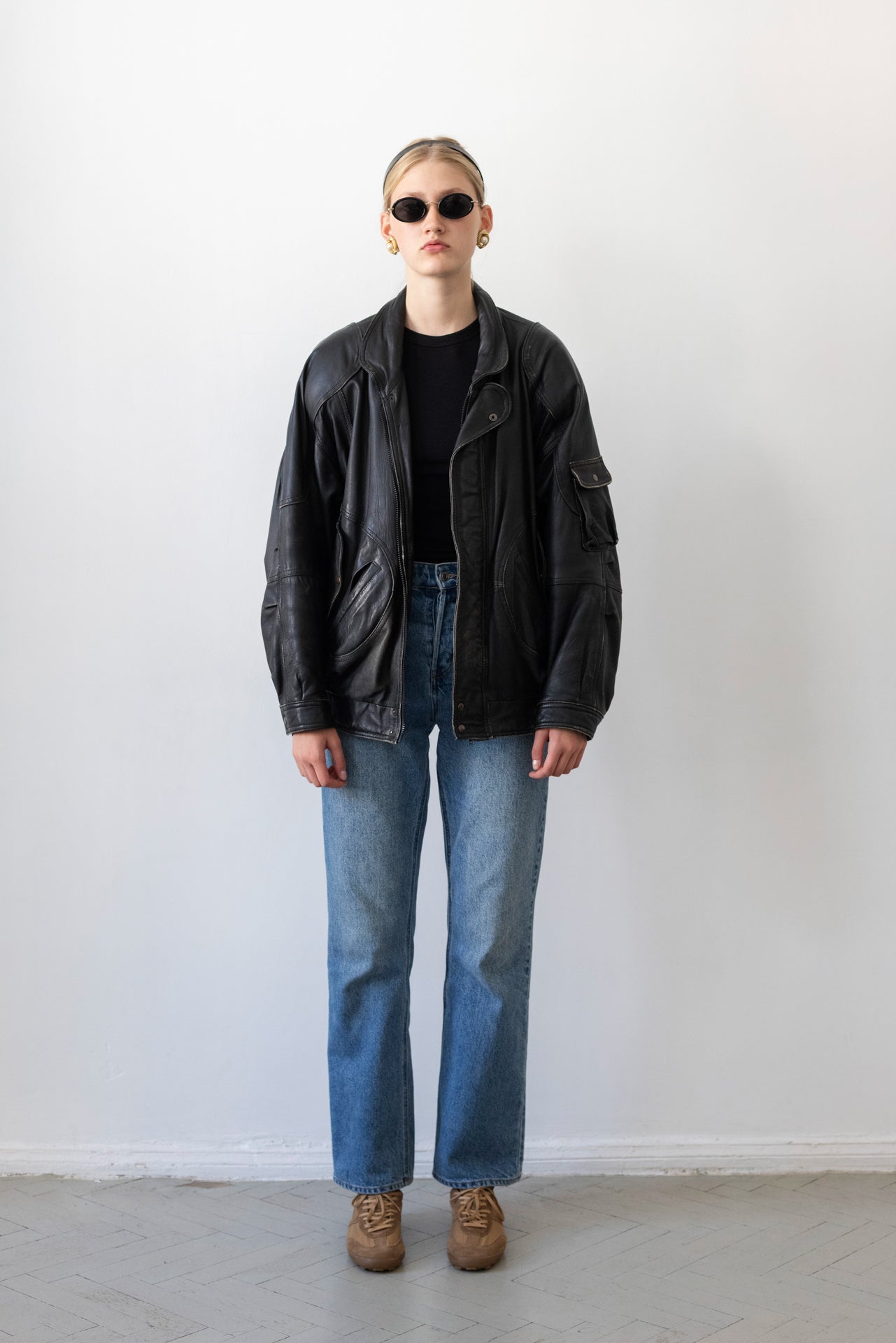 Vintage Black Leather Bomber Jacket