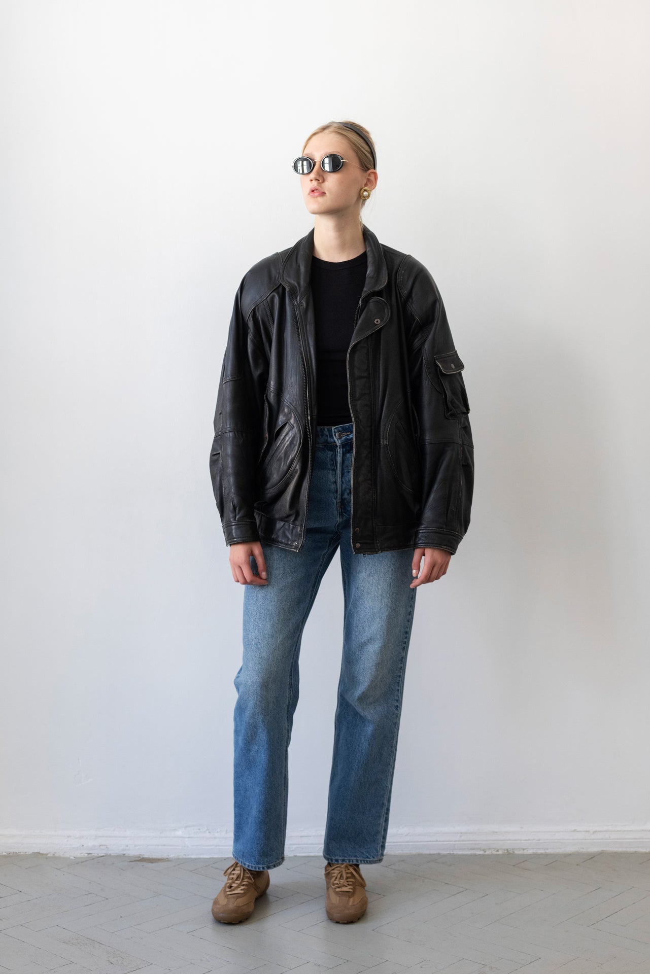 Vintage Black Leather Bomber Jacket
