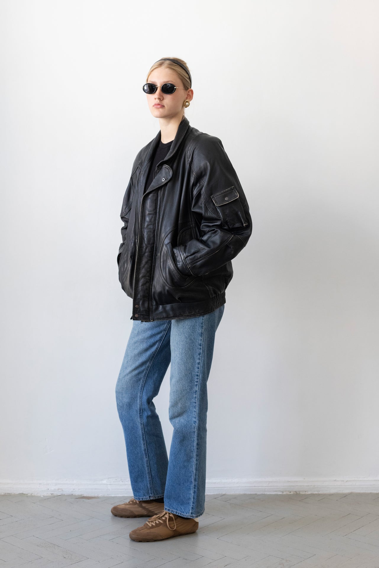 Vintage Black Leather Bomber Jacket
